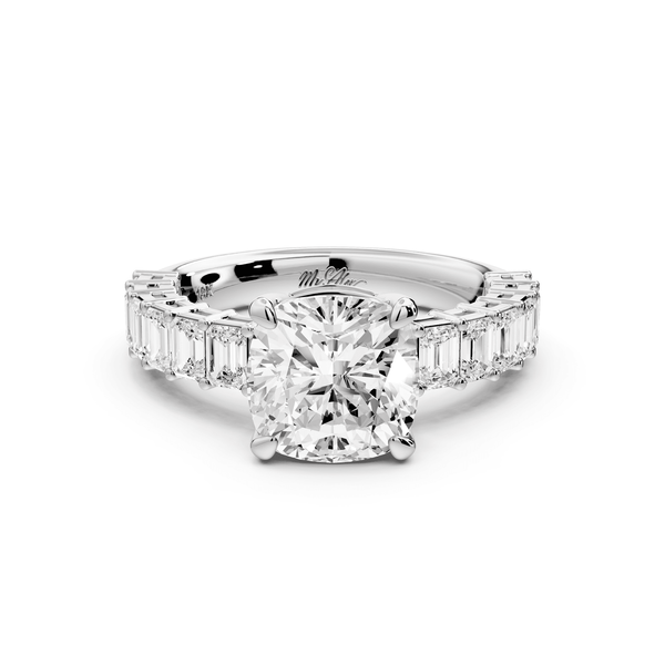 Violetta - 2ct 14k white gold cushion diamond with emerald cut accent stones engagement ring - Mr. Alex Jewelry