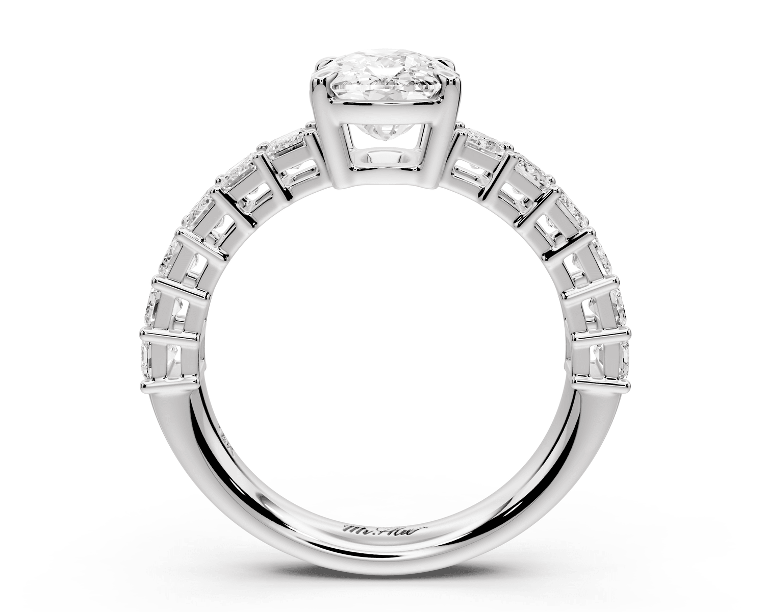 Violetta - 2ct 14k white gold ecushion diamond with emerald cut accent stones engagement ring - Mr. Alex Jewelry