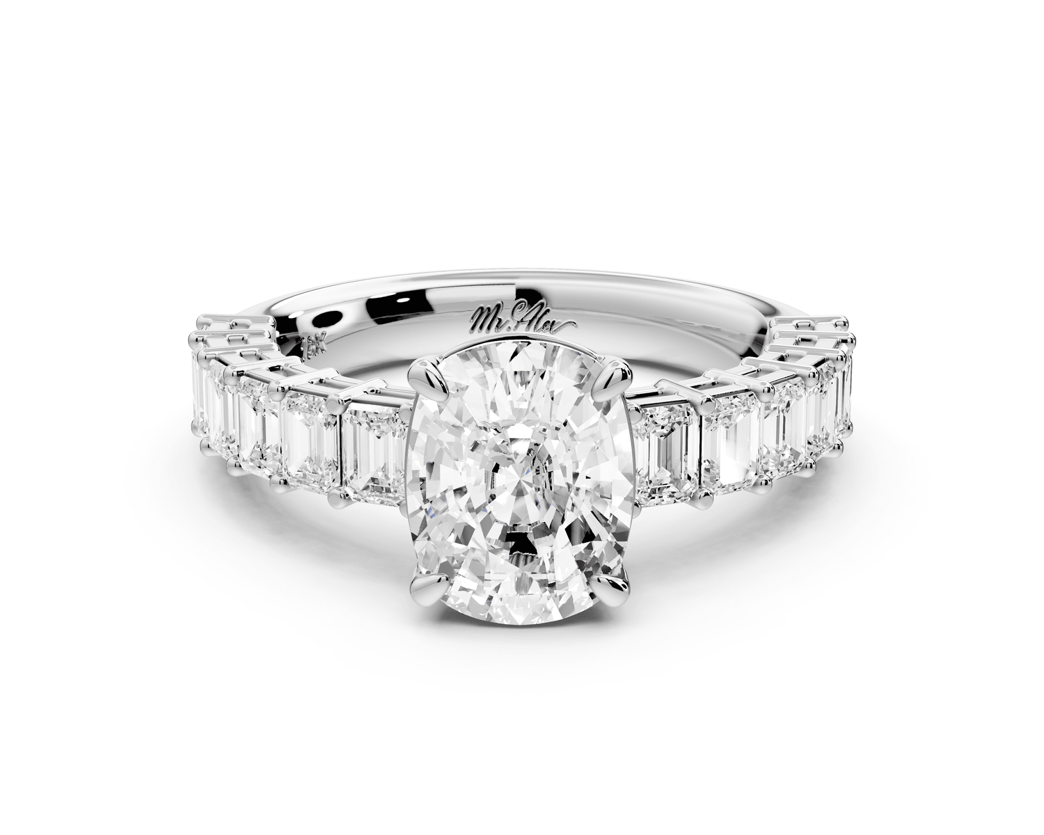 Violetta - 2ct 14k white gold ecushion diamond with emerald cut accent stones engagement ring - Mr. Alex Jewelry
