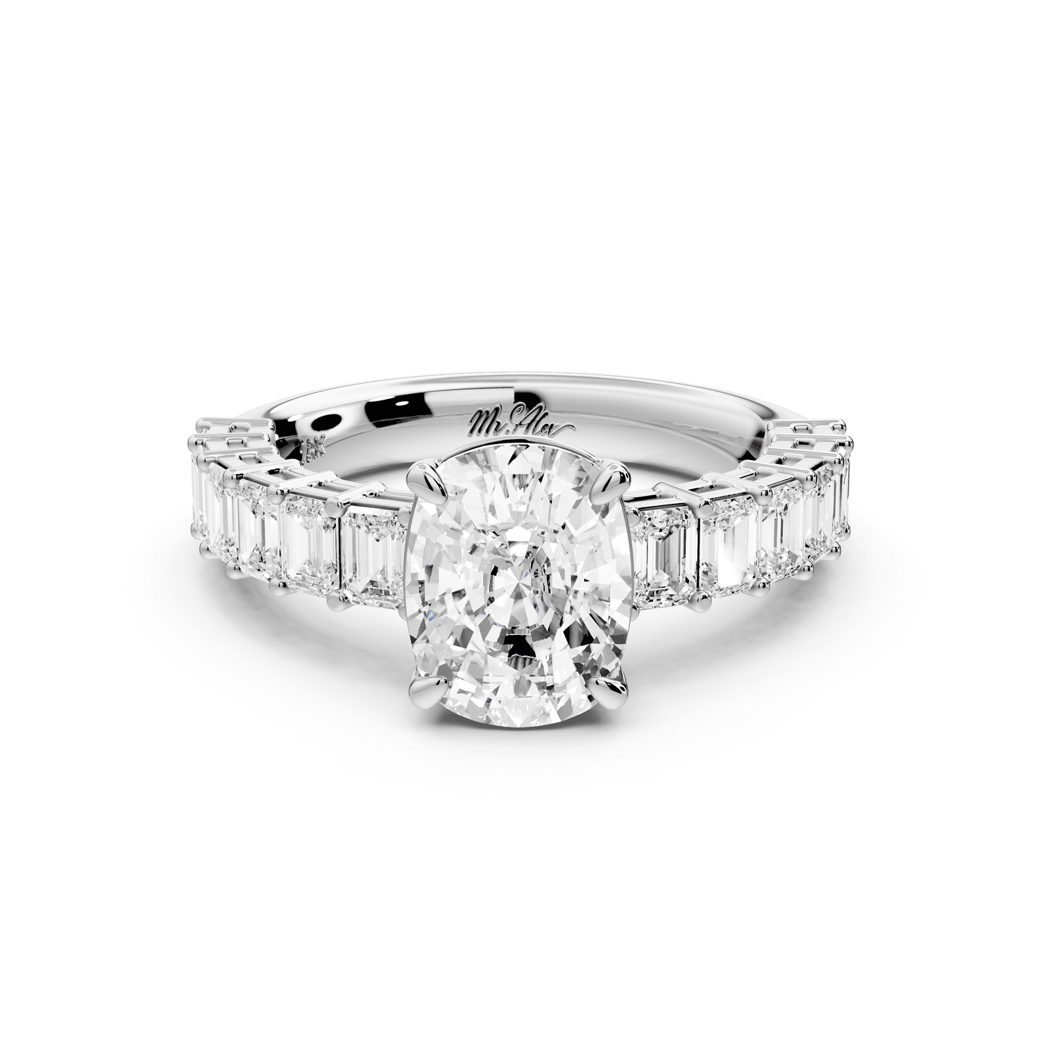 Violetta - 2ct 14k white gold ecushion diamond with emerald cut accent stones engagement ring - Mr. Alex Jewelry