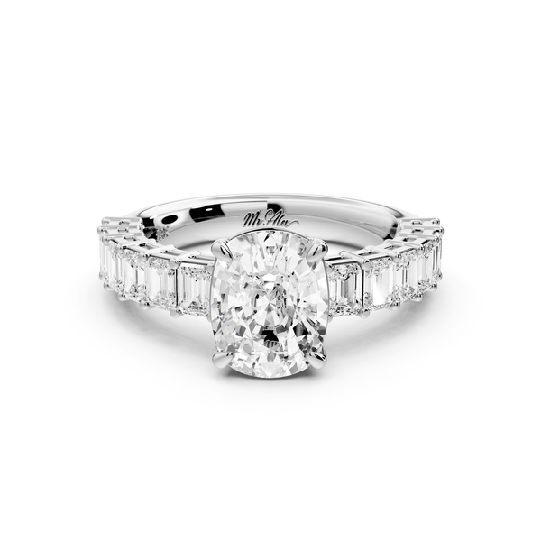 Violetta - 2ct 14k white gold ecushion diamond with emerald cut accent stones engagement ring - Mr. Alex Jewelry
