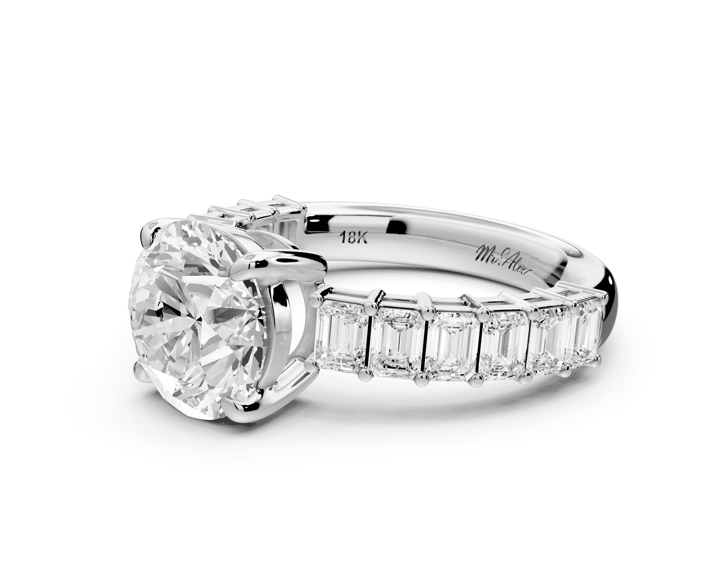 Violetta - 2ct 14k white gold round diamond with emerald cut accent stones engagement ring - Mr. Alex Jewelry