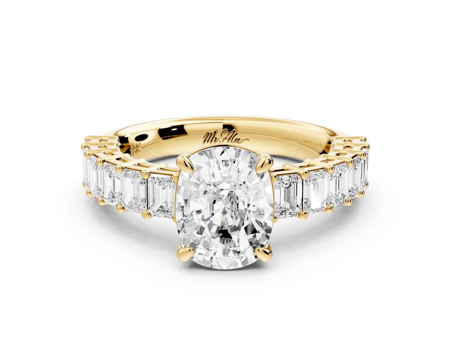 Violetta - 2ct 14k yellow gold ecushion diamond with emerald cut accent stones engagement ring - Mr. Alex Jewelry