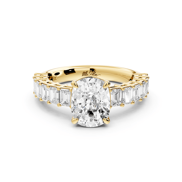 Violetta - 2ct 14k yellow gold ecushion diamond with emerald cut accent stones engagement ring - Mr. Alex Jewelry