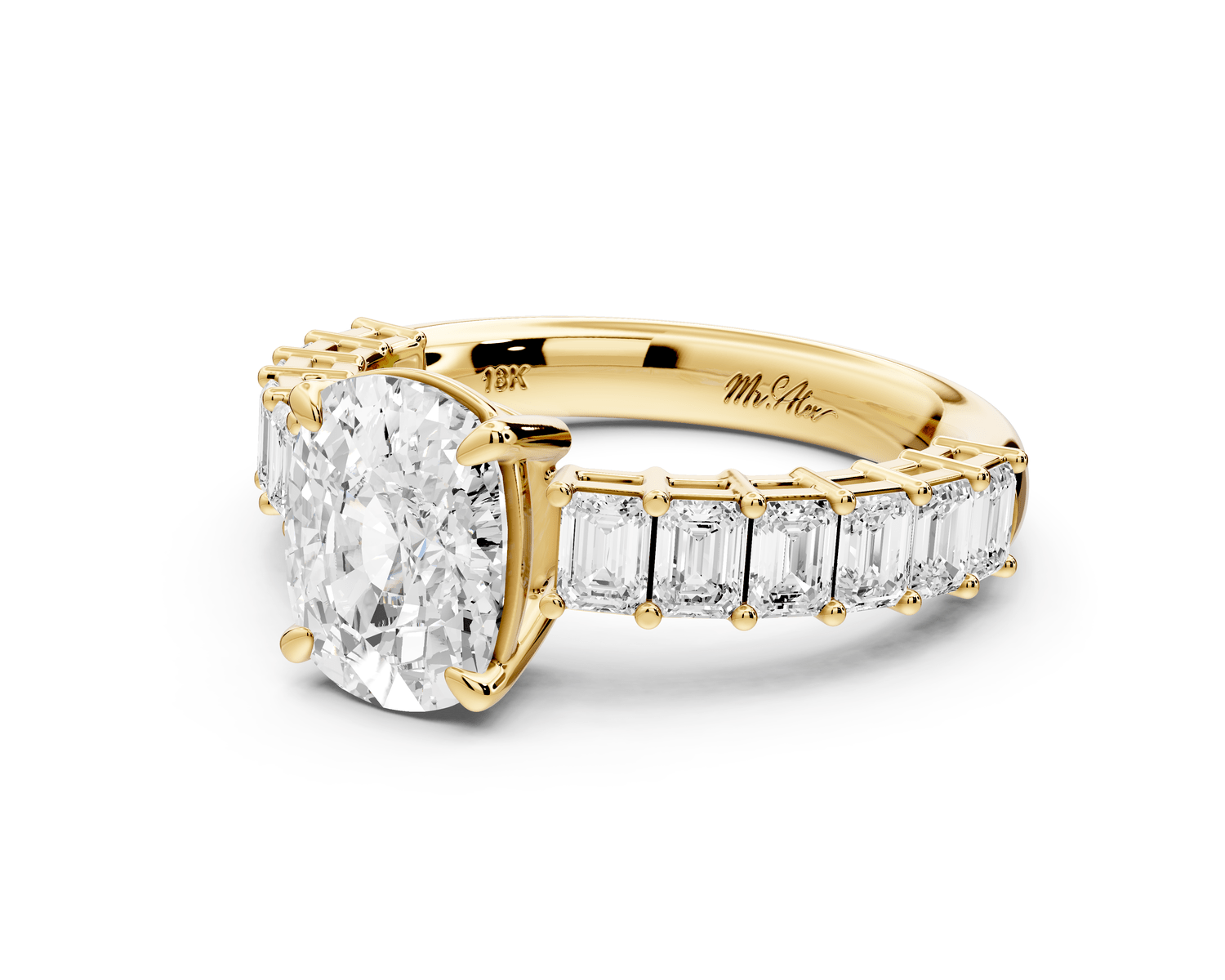 Violetta - 2ct 14k yellow gold ecushion diamond with emerald cut accent stones engagement ring - Mr. Alex Jewelry