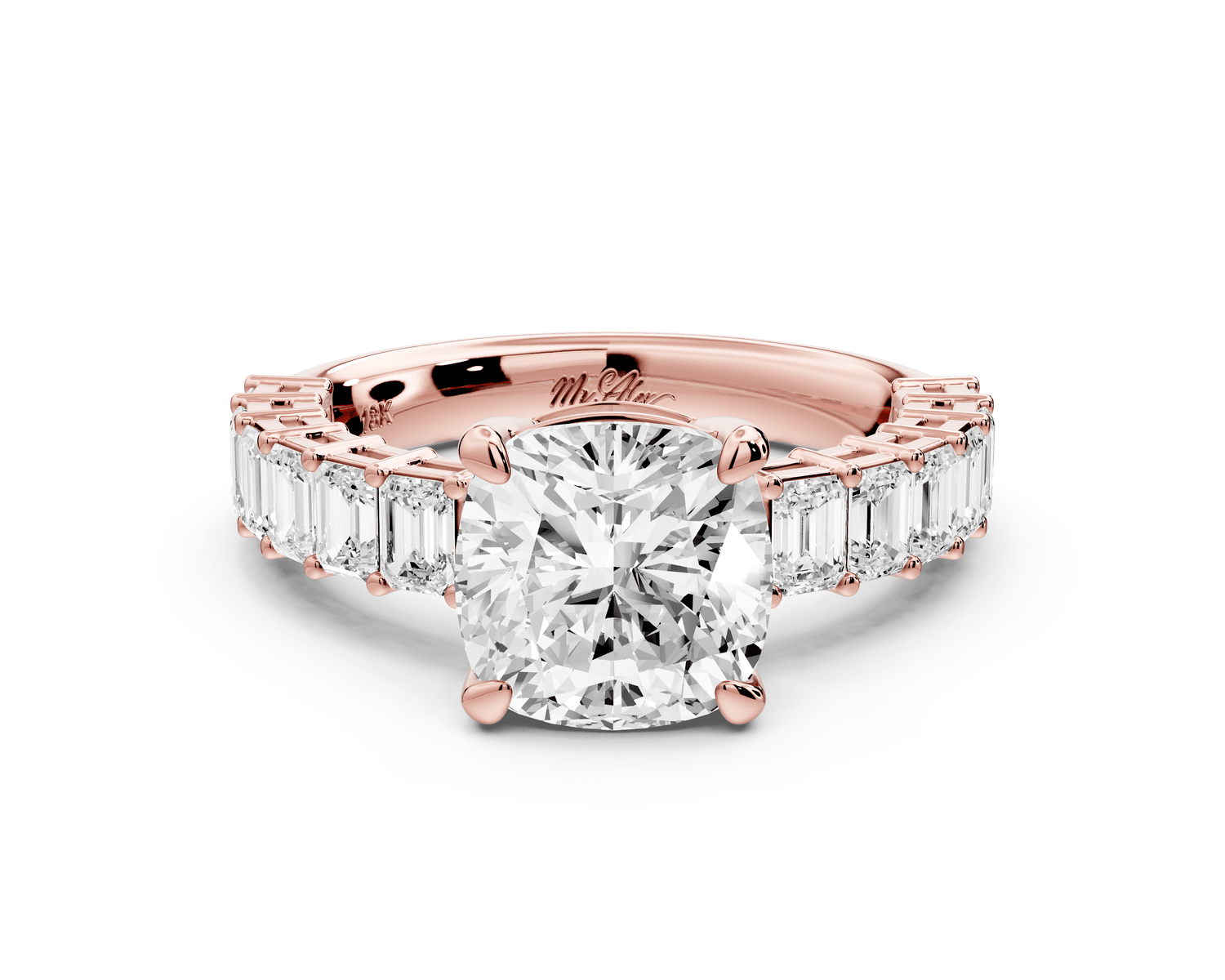 Violetta - 2ct 18k rose gold cushion diamond with emerald cut accent stones engagement ring - Mr. Alex Jewelry