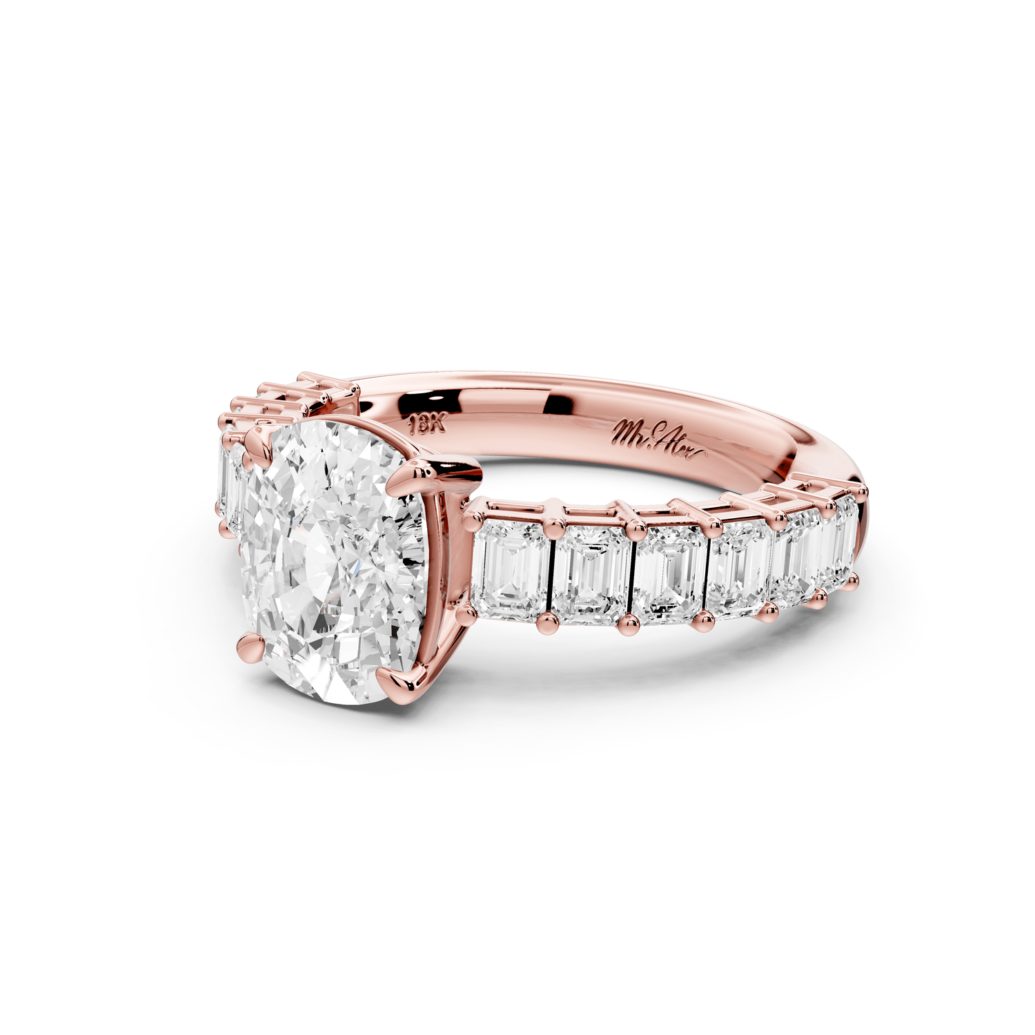 Violetta - 2ct 18k rose gold ecushion diamond with emerald cut accent stones engagement ring - Mr. Alex Jewelry