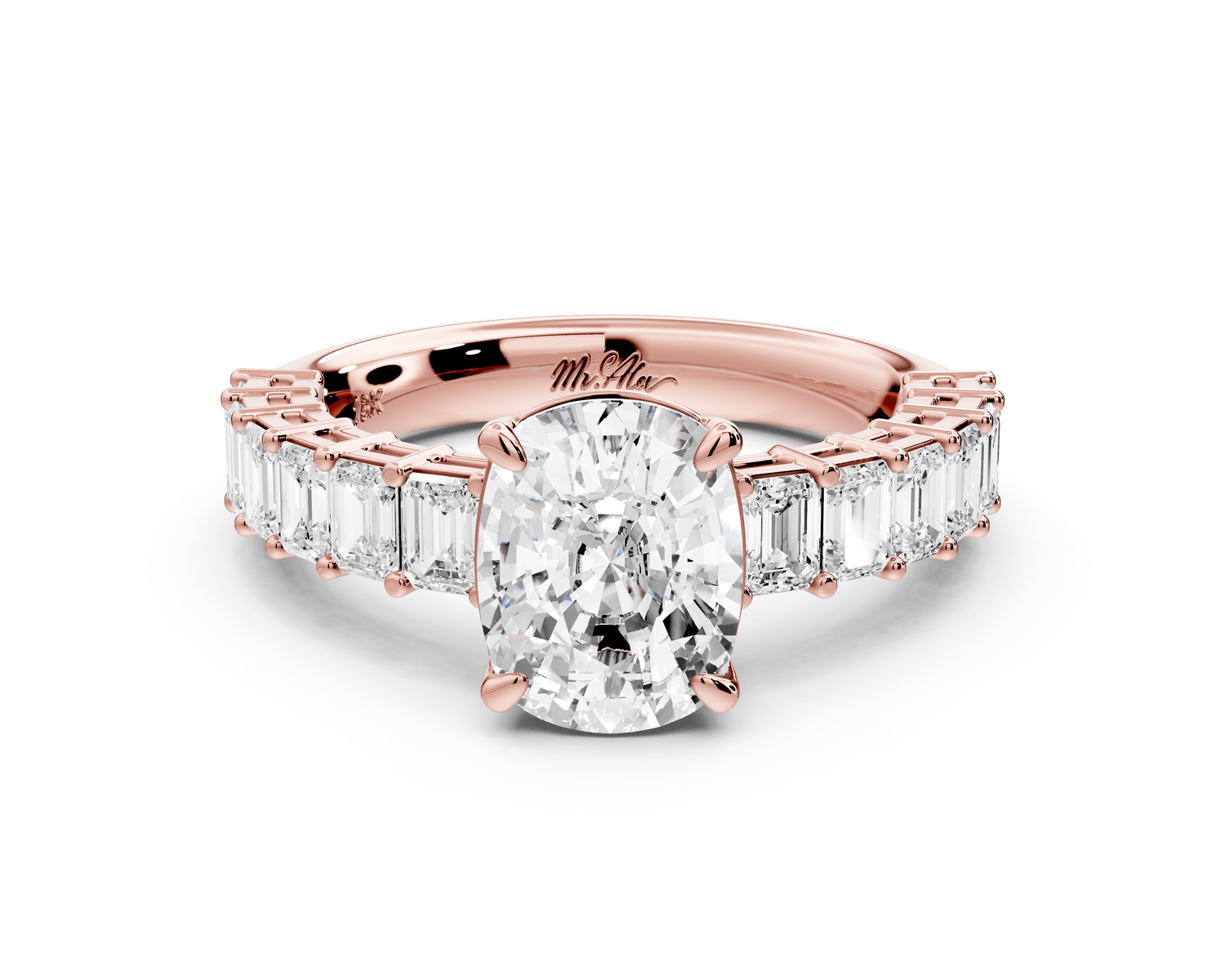 Violetta - 2ct 18k rose gold ecushion diamond with emerald cut accent stones engagement ring - Mr. Alex Jewelry