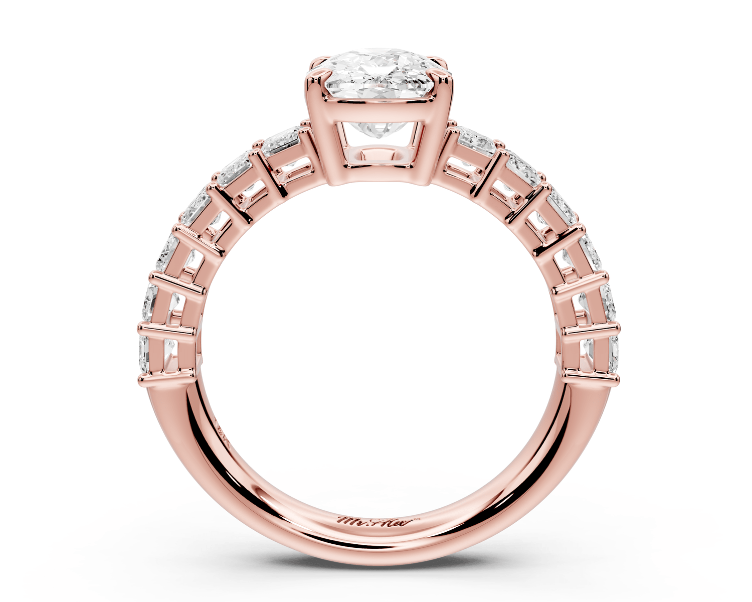 Violetta - 2ct 18k rose gold ecushion diamond with emerald cut accent stones engagement ring - Mr. Alex Jewelry