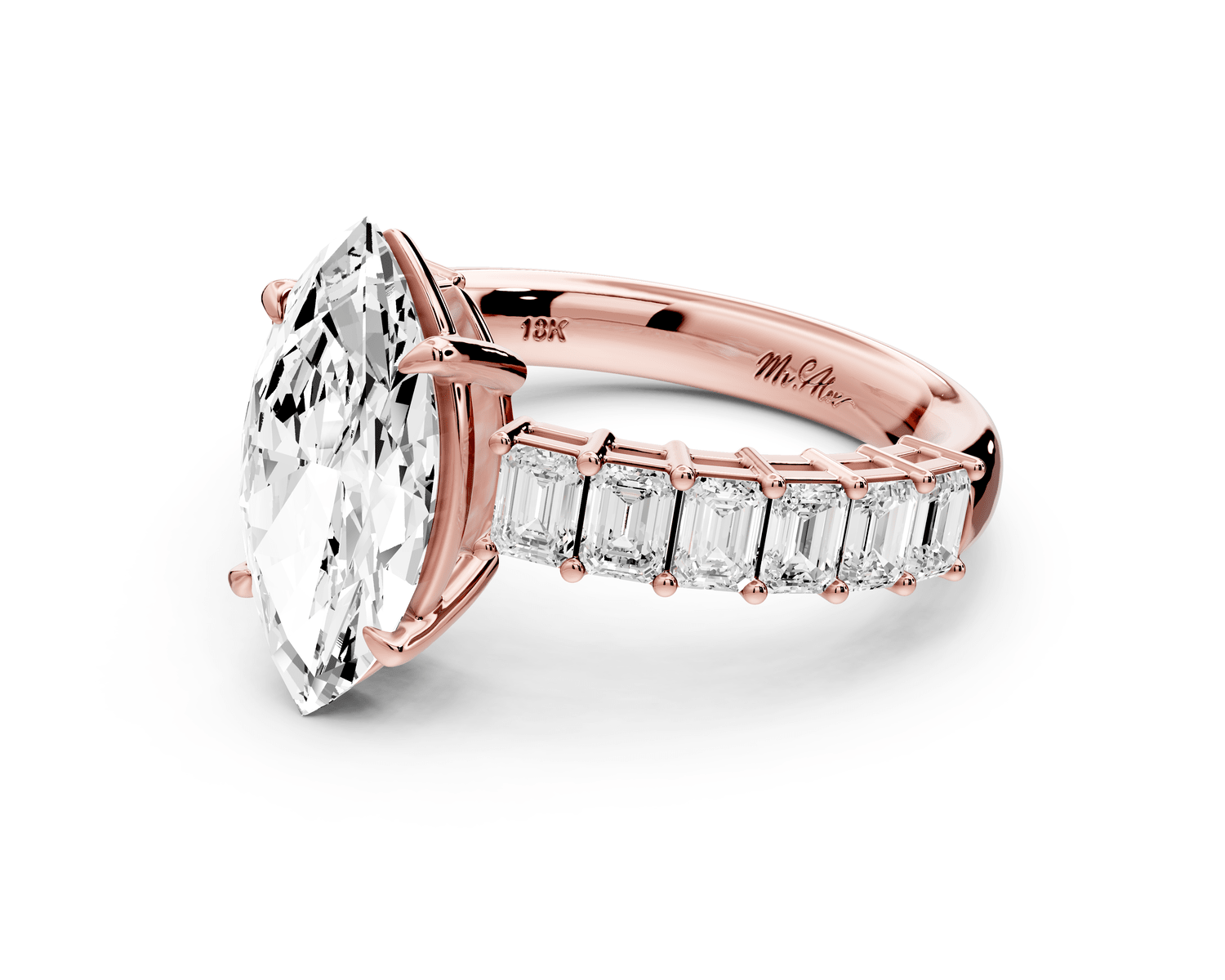 Violetta - 2ct 18k rose gold marquise diamond with emerald cut accent stones engagement ring - Mr. Alex Jewelry
