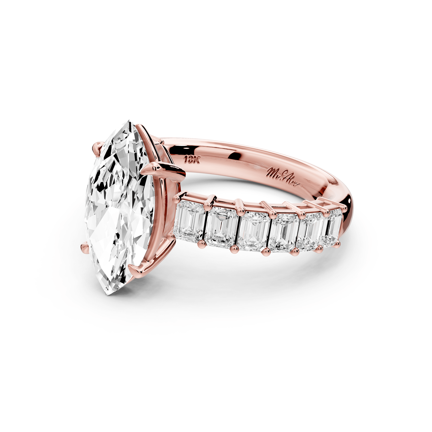 Violetta - 2ct 18k rose gold marquise diamond with emerald cut accent stones engagement ring - Mr. Alex Jewelry