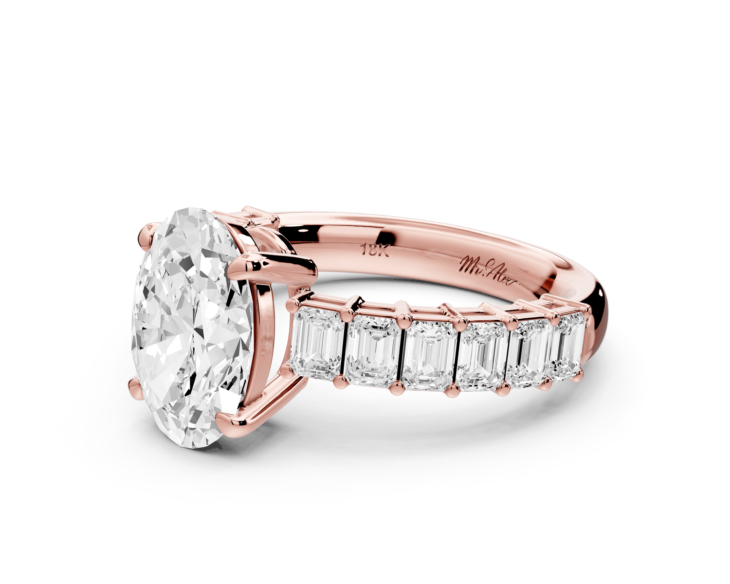 Violetta - 2ct 18k rose gold oval diamond with emerald cut accent stones engagament ring - Mr. Alex Jewelry