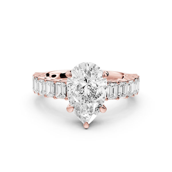 Violetta - 2ct 18k rose gold pear diamond with emerald cut accent stones engagament ring - Mr. Alex Jewelry