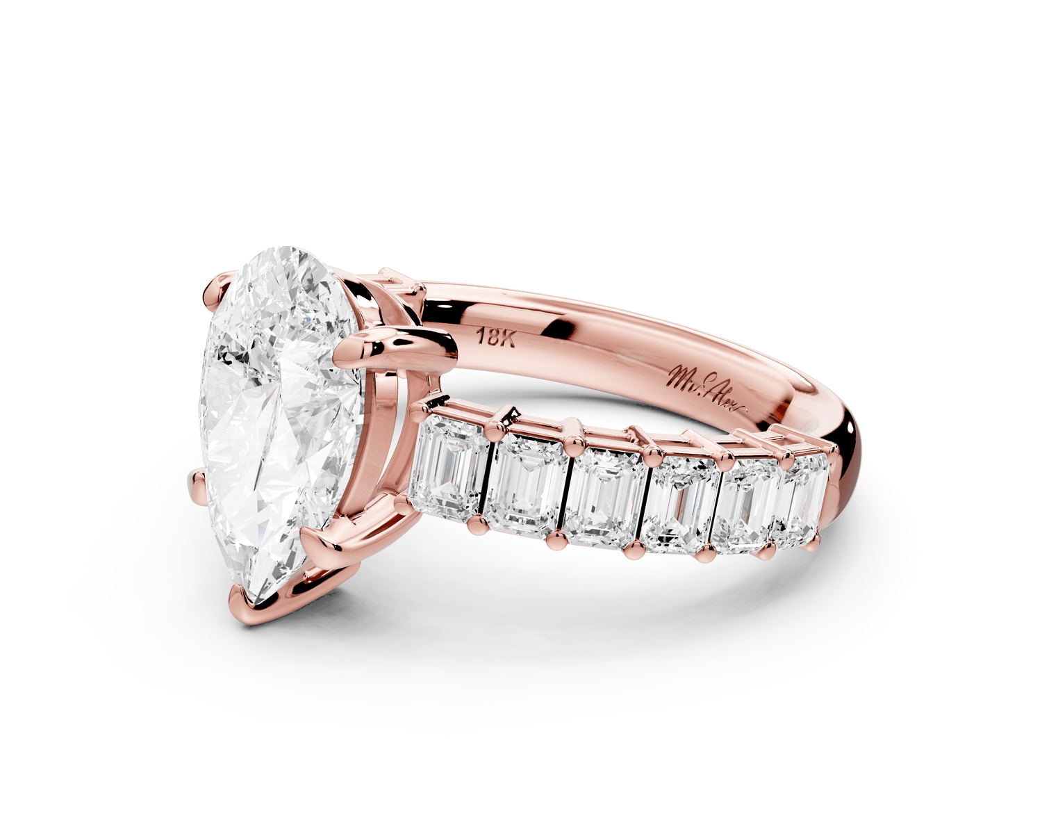 Violetta - 2ct 18k rose gold pear diamond with emerald cut accent stones engagament ring - Mr. Alex Jewelry