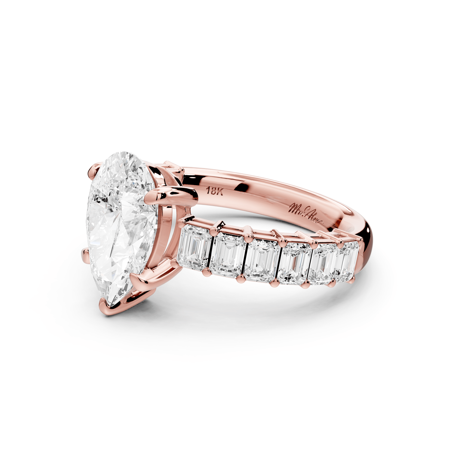 Violetta - 2ct 18k rose gold pear diamond with emerald cut accent stones engagament ring - Mr. Alex Jewelry