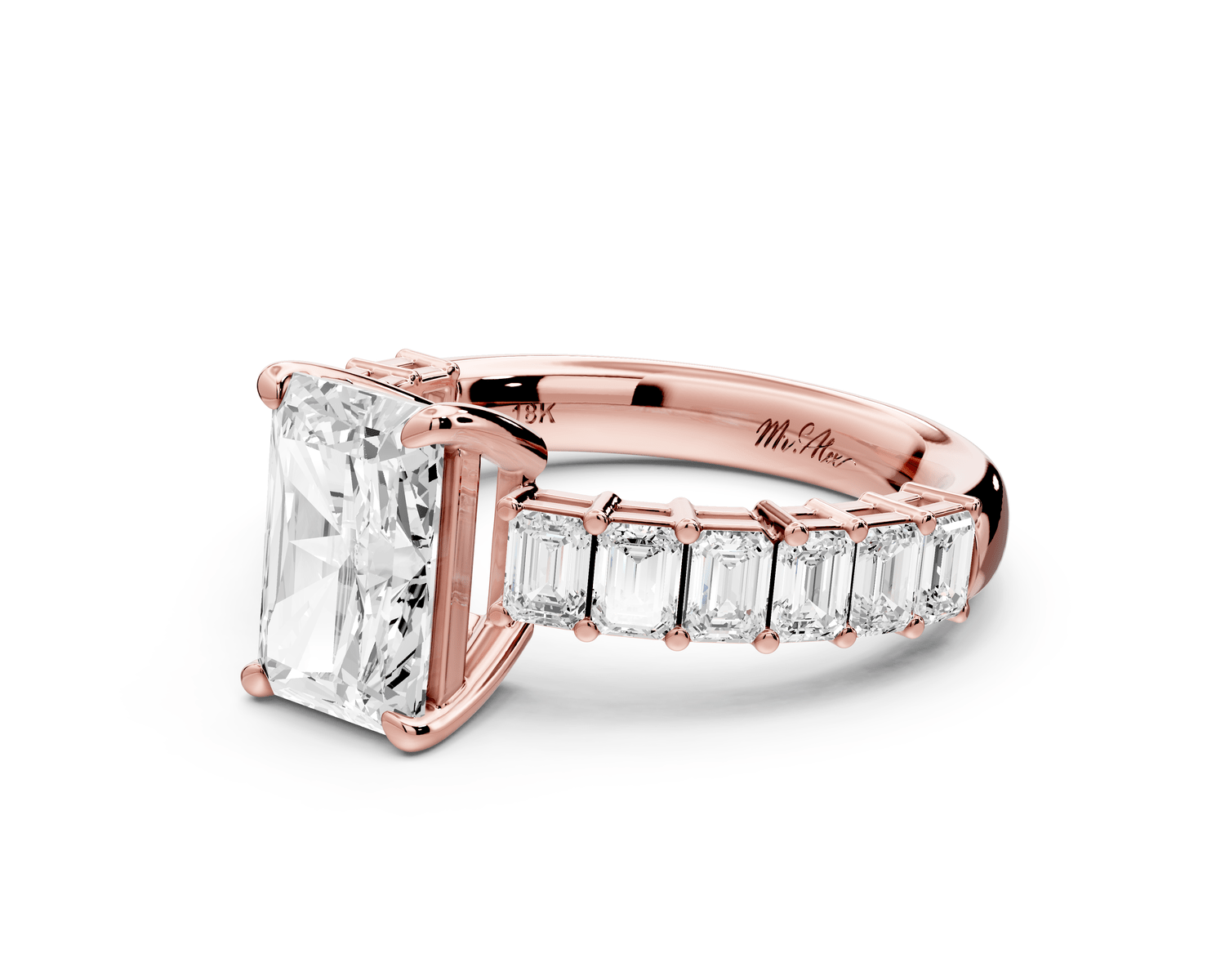 Violetta - 2ct 18k rose gold radiant diamond with emerald cut accent stones engagement ring - Mr. Alex Jewelry