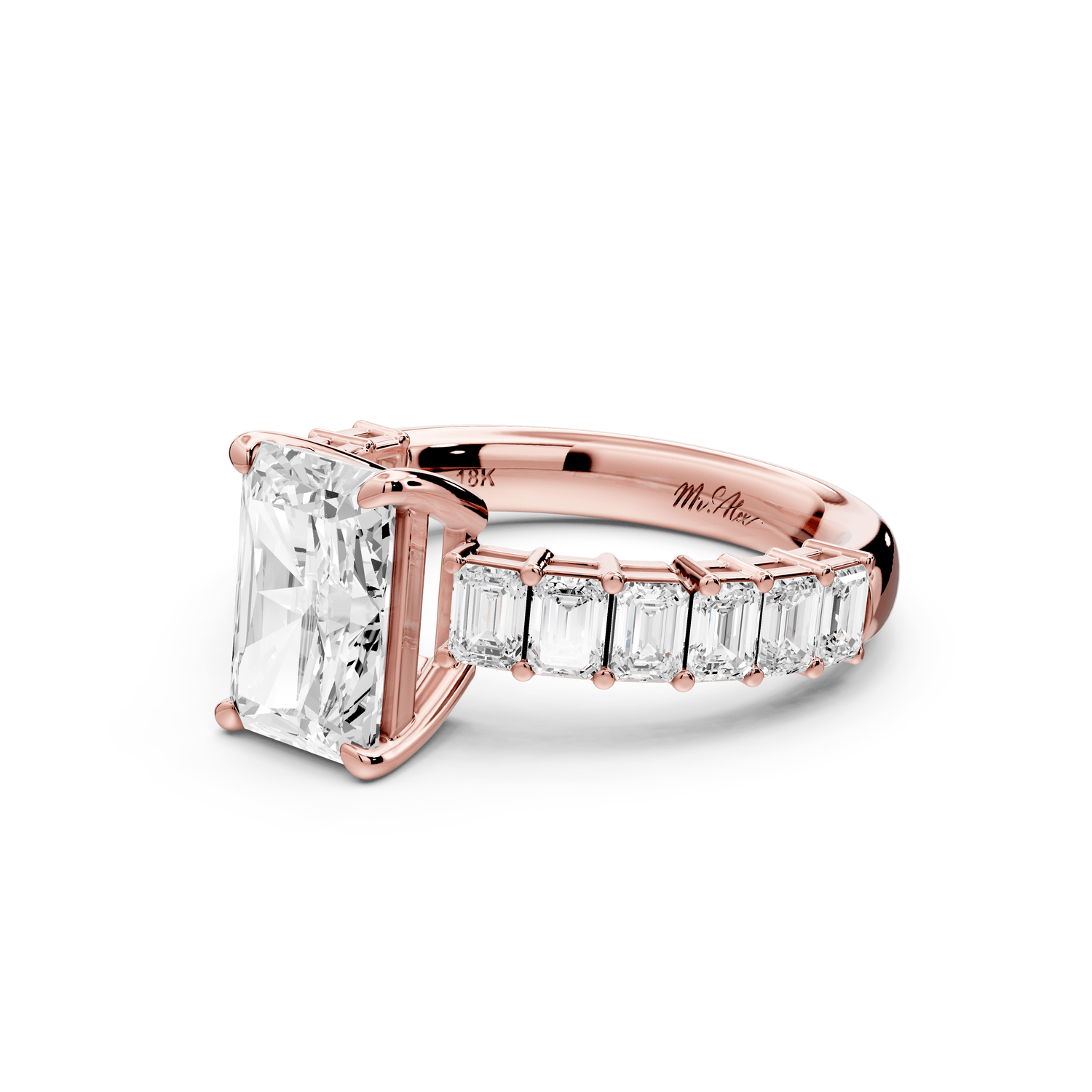 Violetta - 2ct 18k rose gold radiant diamond with emerald cut accent stones engagement ring - Mr. Alex Jewelry
