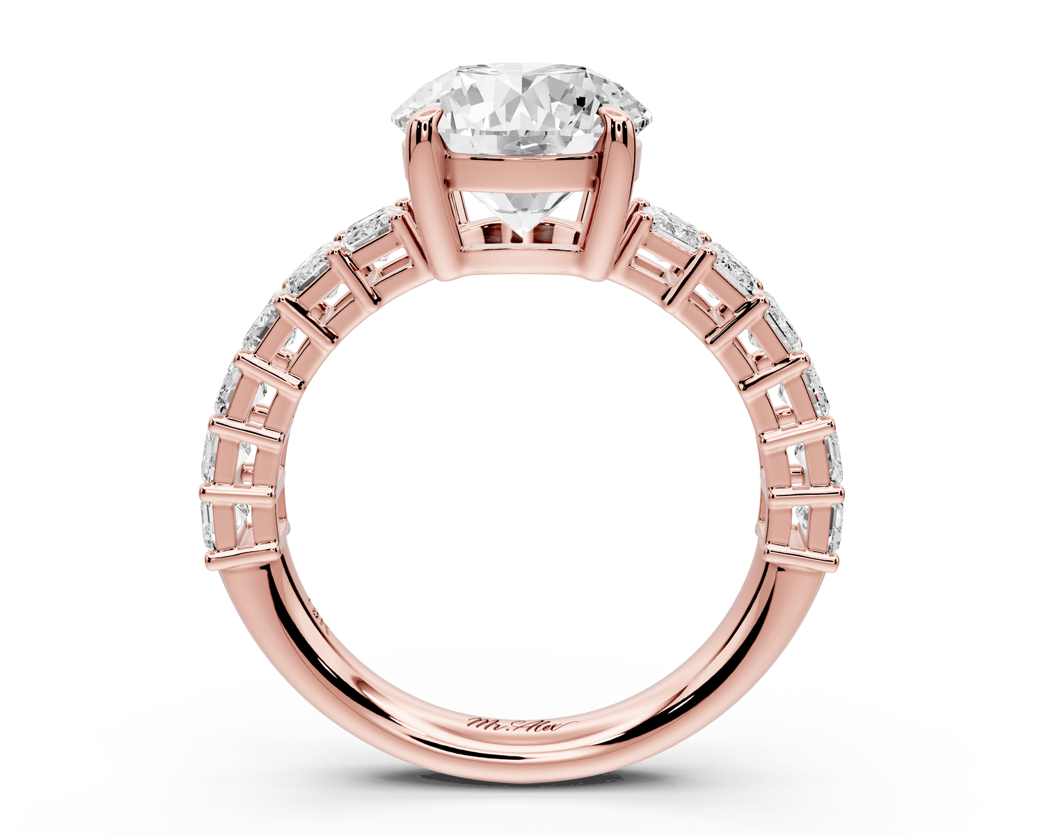 Violetta - 2ct 18k rose gold round diamond with emerald cut accent stones engagement ring - Mr. Alex Jewelry