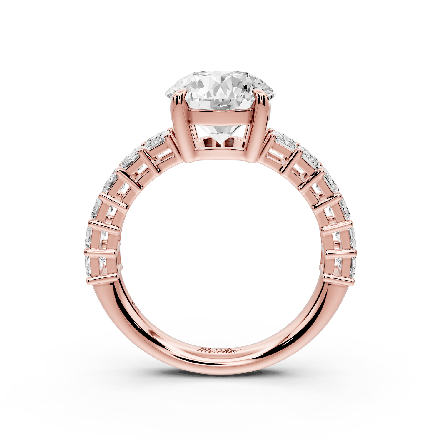 Violetta - 2ct 18k rose gold round diamond with emerald cut accent stones engagement ring - Mr. Alex Jewelry