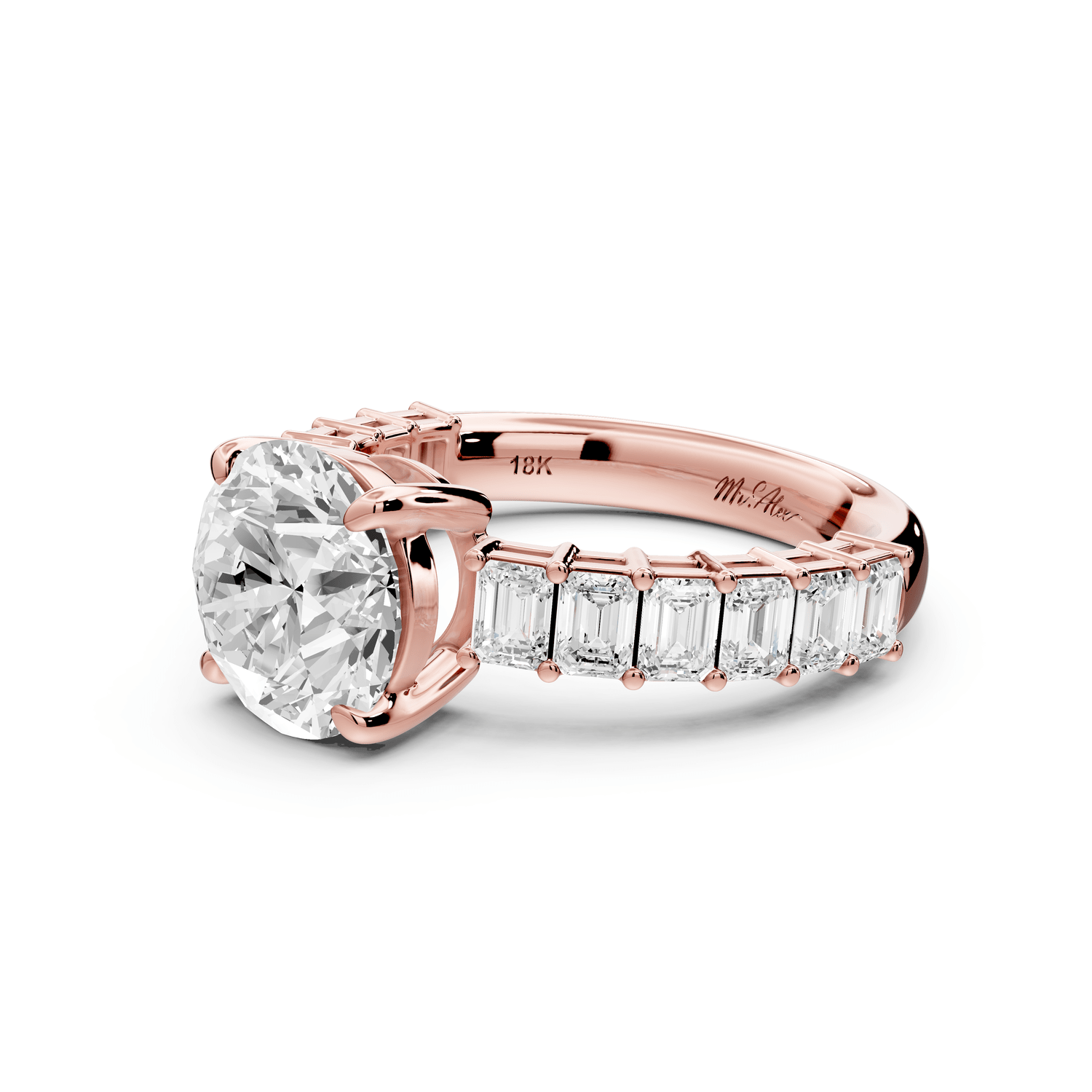 Violetta - 2ct 18k rose gold round diamond with emerald cut accent stones engagement ring - Mr. Alex Jewelry