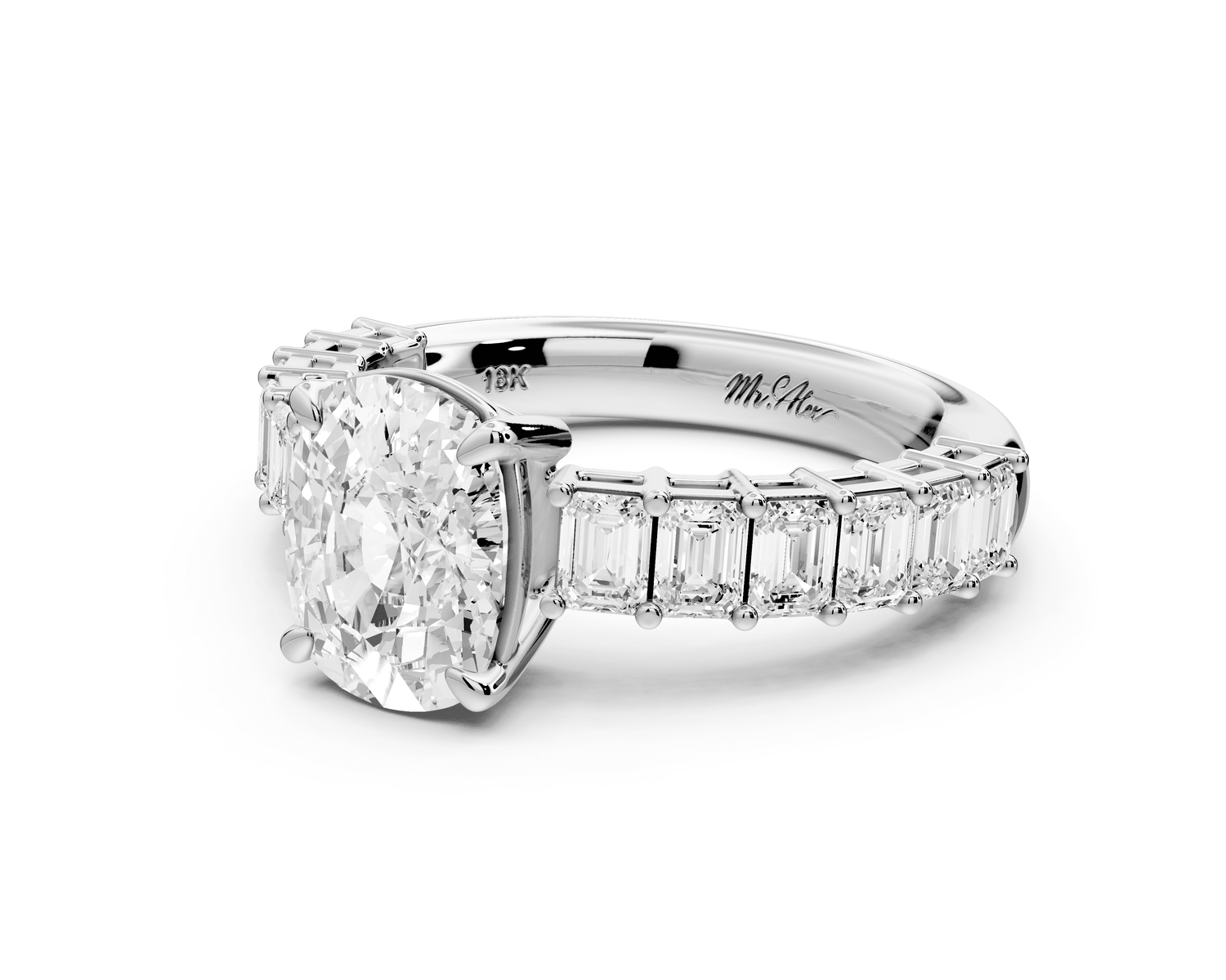 Violetta - 2ct 18k white gold ecushion diamond with emerald cut accent stones engagement ring - Mr. Alex Jewelry