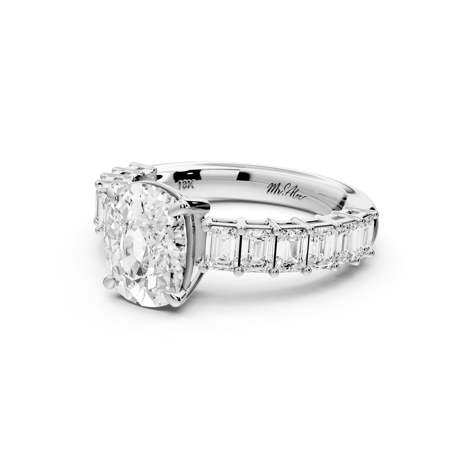 Violetta - 2ct 18k white gold ecushion diamond with emerald cut accent stones engagement ring - Mr. Alex Jewelry
