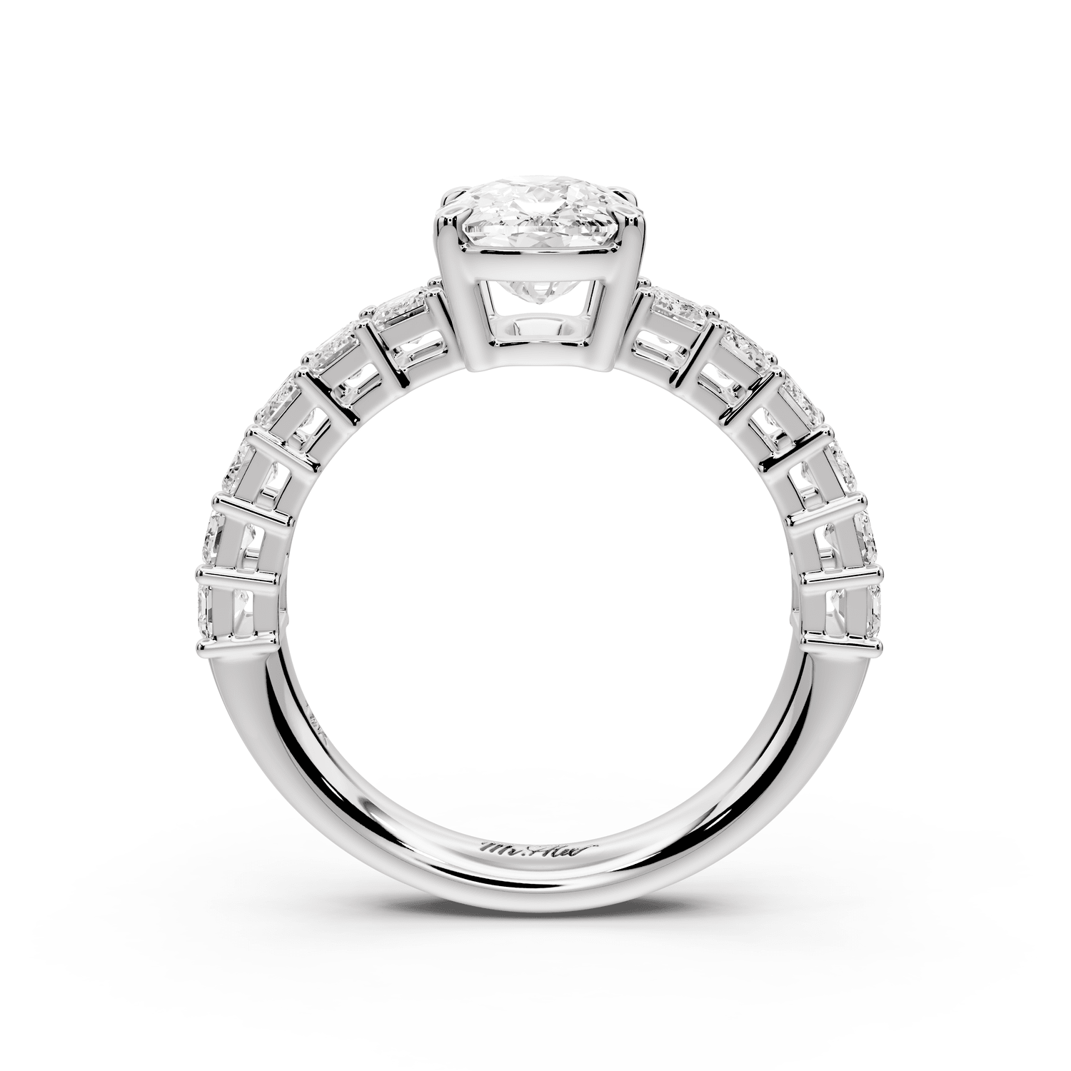 Violetta - 2ct 18k white gold ecushion diamond with emerald cut accent stones engagement ring - Mr. Alex Jewelry