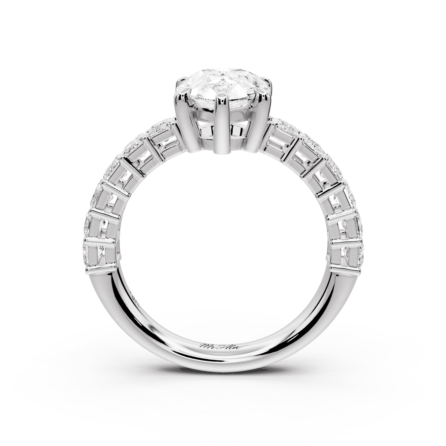 Violetta - 2ct 18k white gold pear diamond with emerald cut accent stones engagament ring - Mr. Alex Jewelry