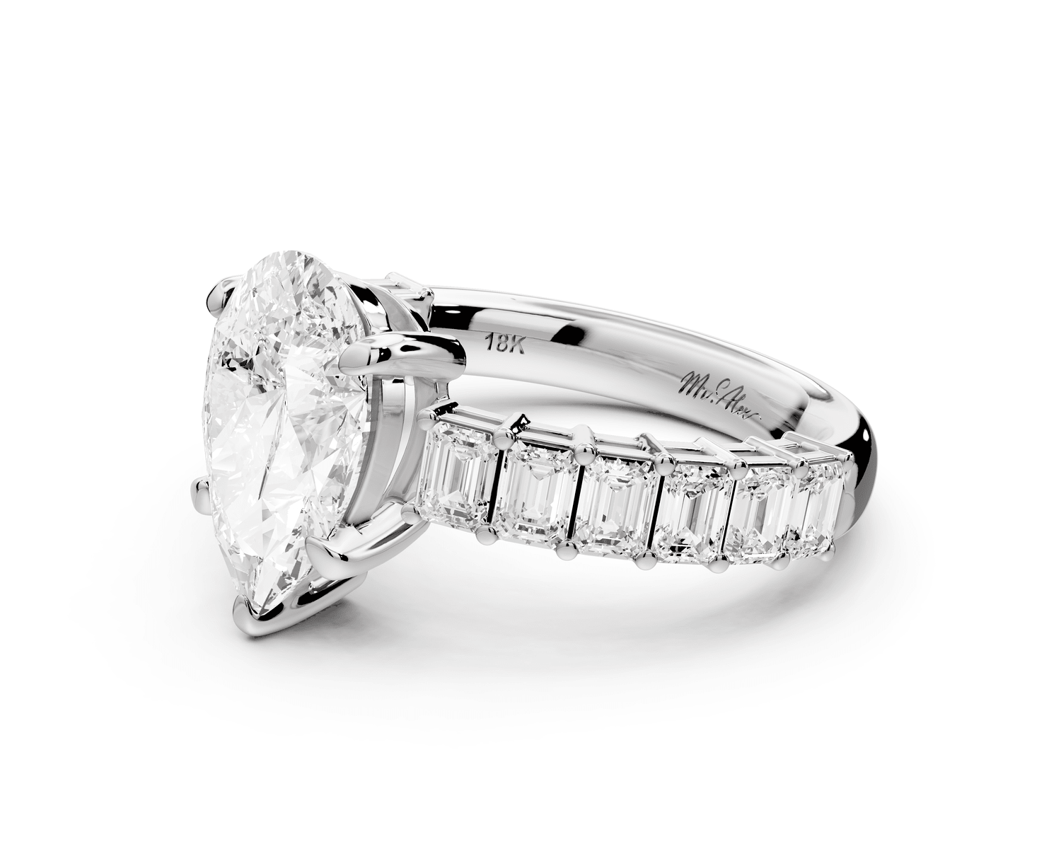Violetta - 2ct 18k white gold pear diamond with emerald cut accent stones engagament ring - Mr. Alex Jewelry