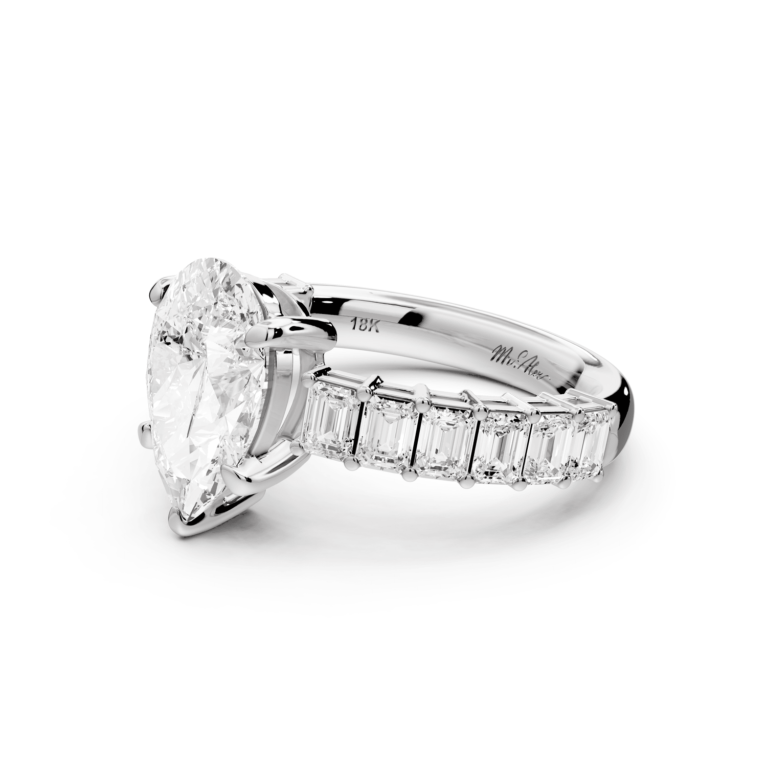 Violetta - 2ct 18k white gold pear diamond with emerald cut accent stones engagament ring - Mr. Alex Jewelry