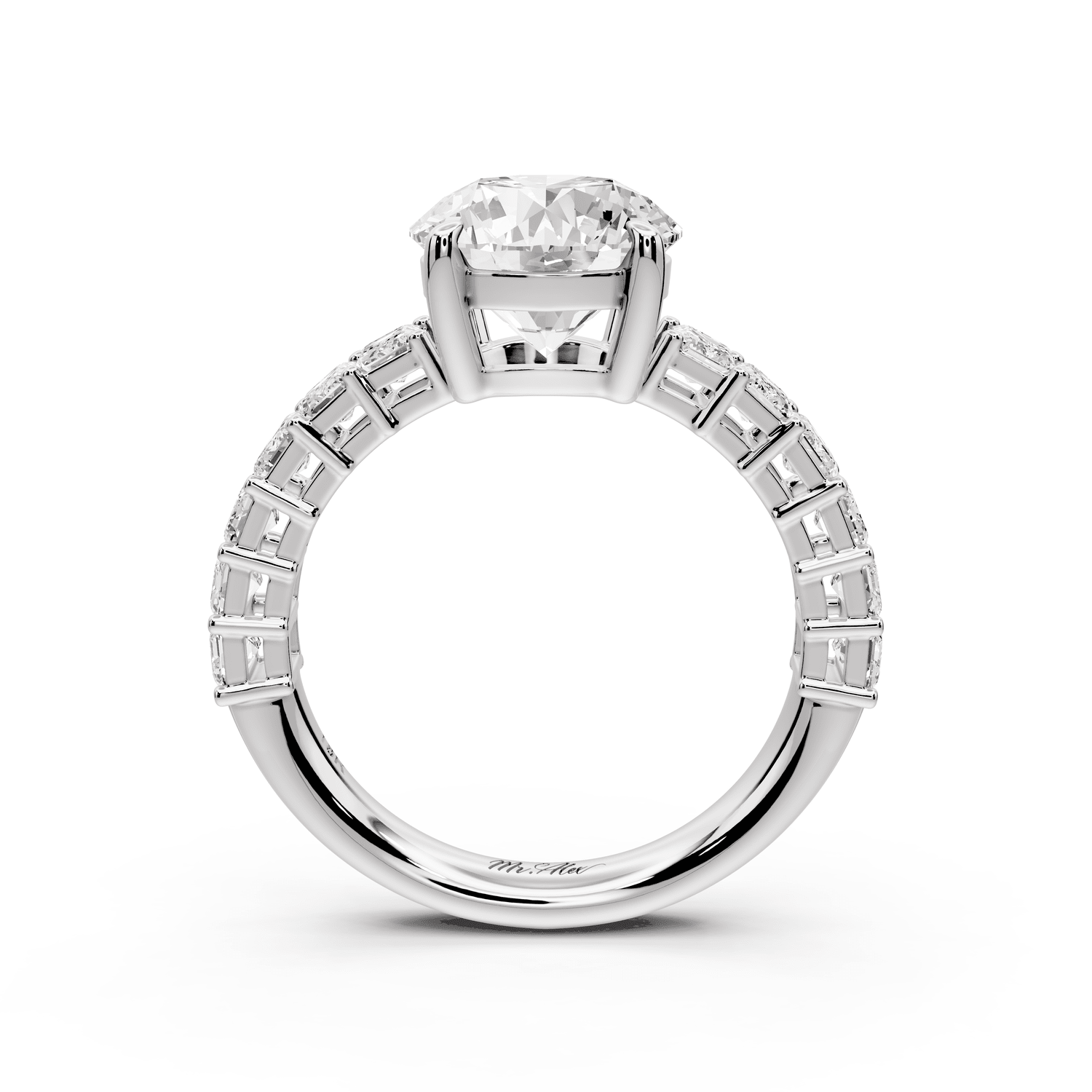 Violetta - 2ct 18k white gold round diamond with emerald cut accent stones engagement ring - Mr. Alex Jewelry