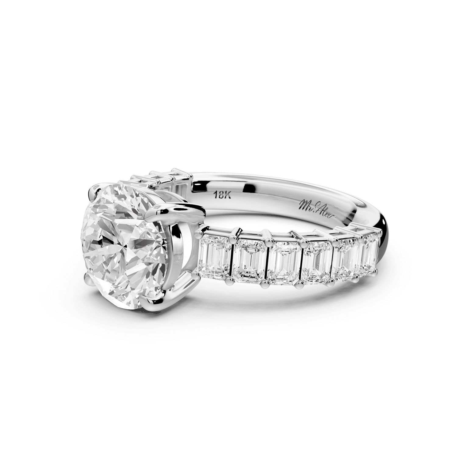 Violetta - 2ct 18k white gold round diamond with emerald cut accent stones engagement ring - Mr. Alex Jewelry