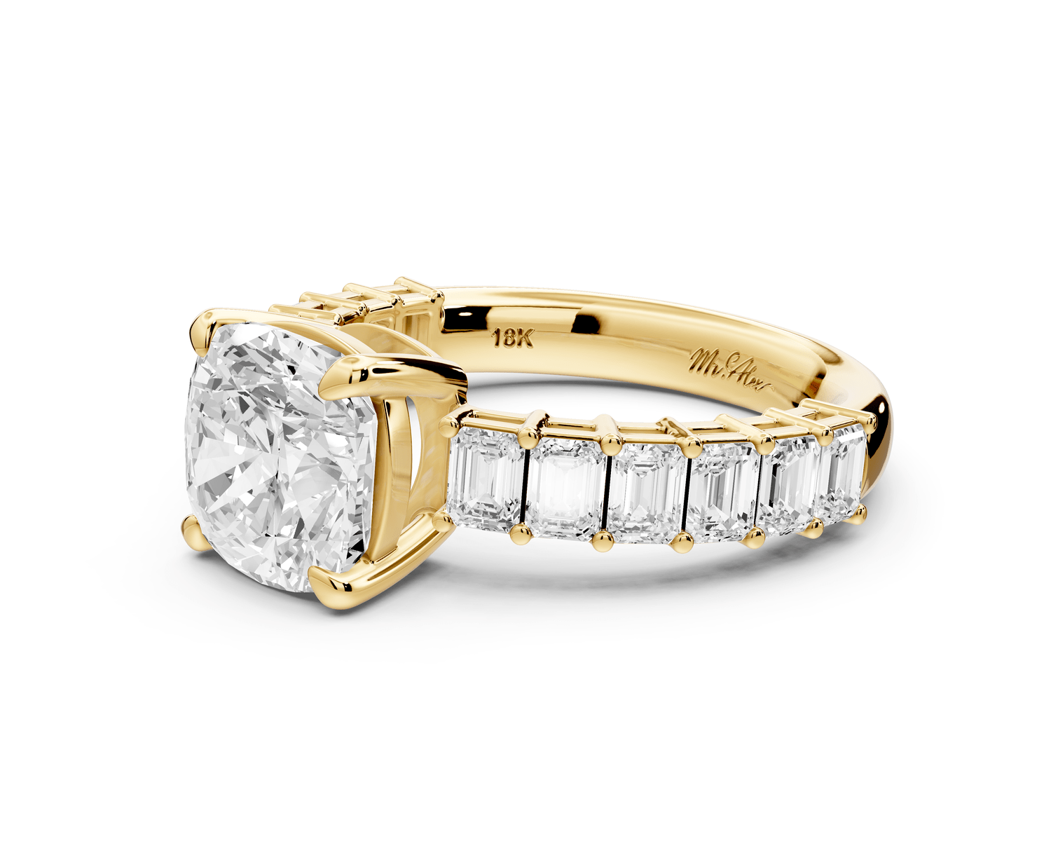 Violetta - 2ct 18k yellow gold cushion diamond with emerald cut accent stones engagement ring - Mr. Alex Jewelry
