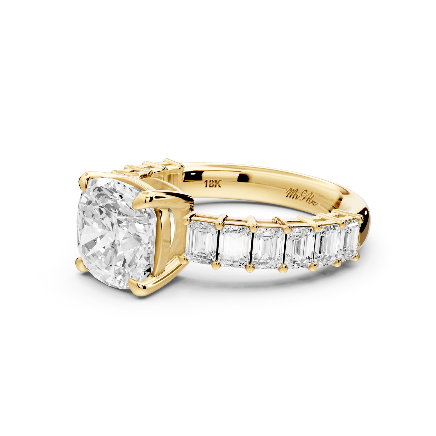 Violetta - 2ct 18k yellow gold cushion diamond with emerald cut accent stones engagement ring - Mr. Alex Jewelry