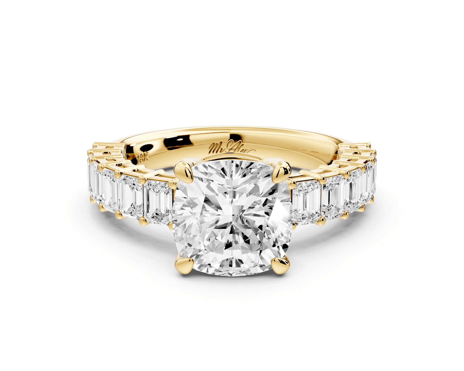 Violetta - 2ct 18k yellow gold cushion diamond with emerald cut accent stones engagement ring - Mr. Alex Jewelry
