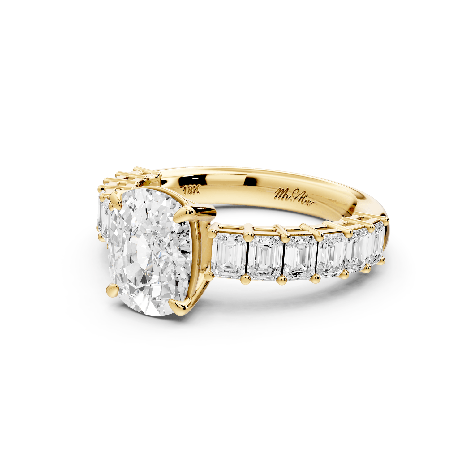 Violetta - 2ct 18k yellow gold ecushion diamond with emerald cut accent stones engagement ring - Mr. Alex Jewelry
