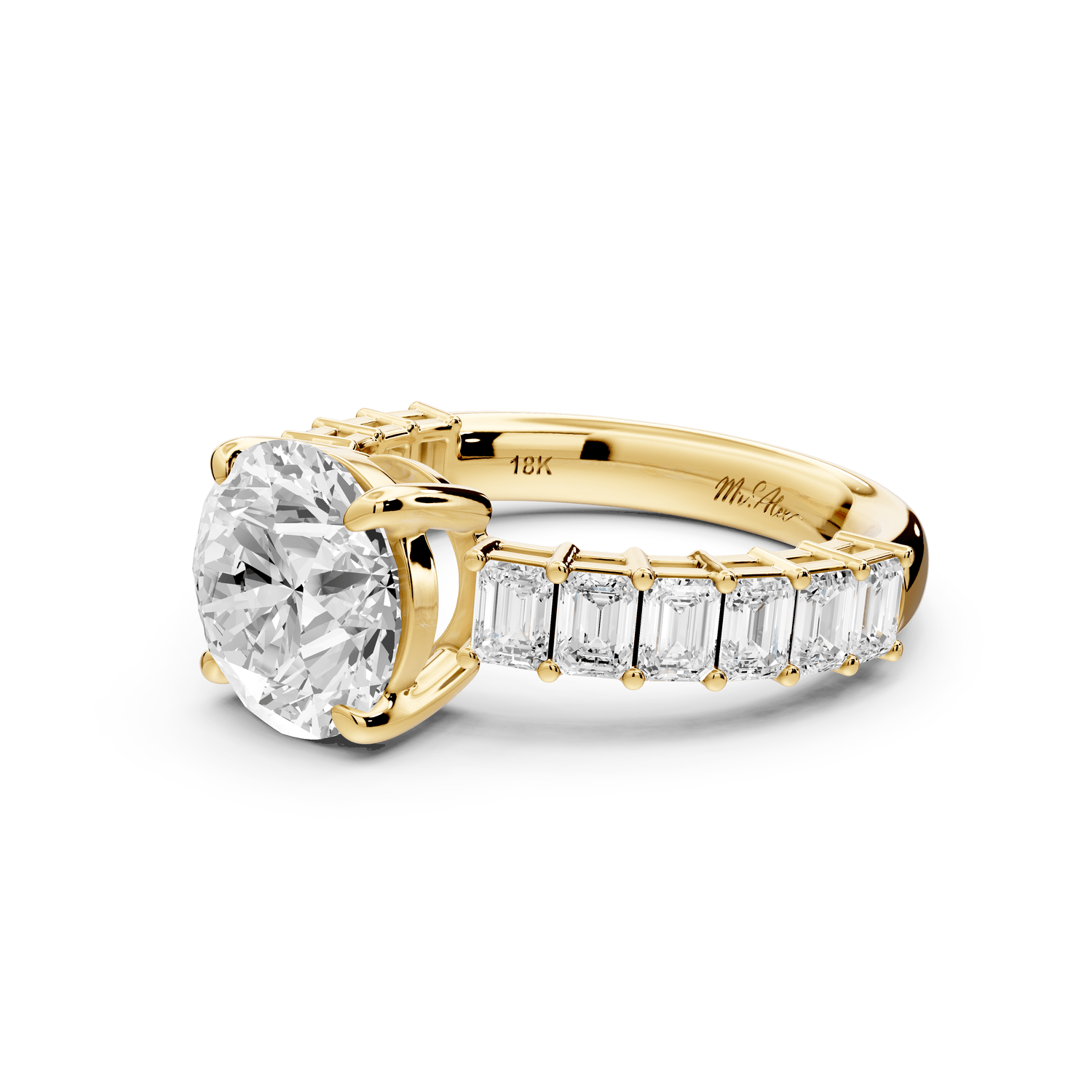 Violetta - 2ct 18k yellow gold round diamond with emerald cut accent stones engagement ring - Mr. Alex Jewelry