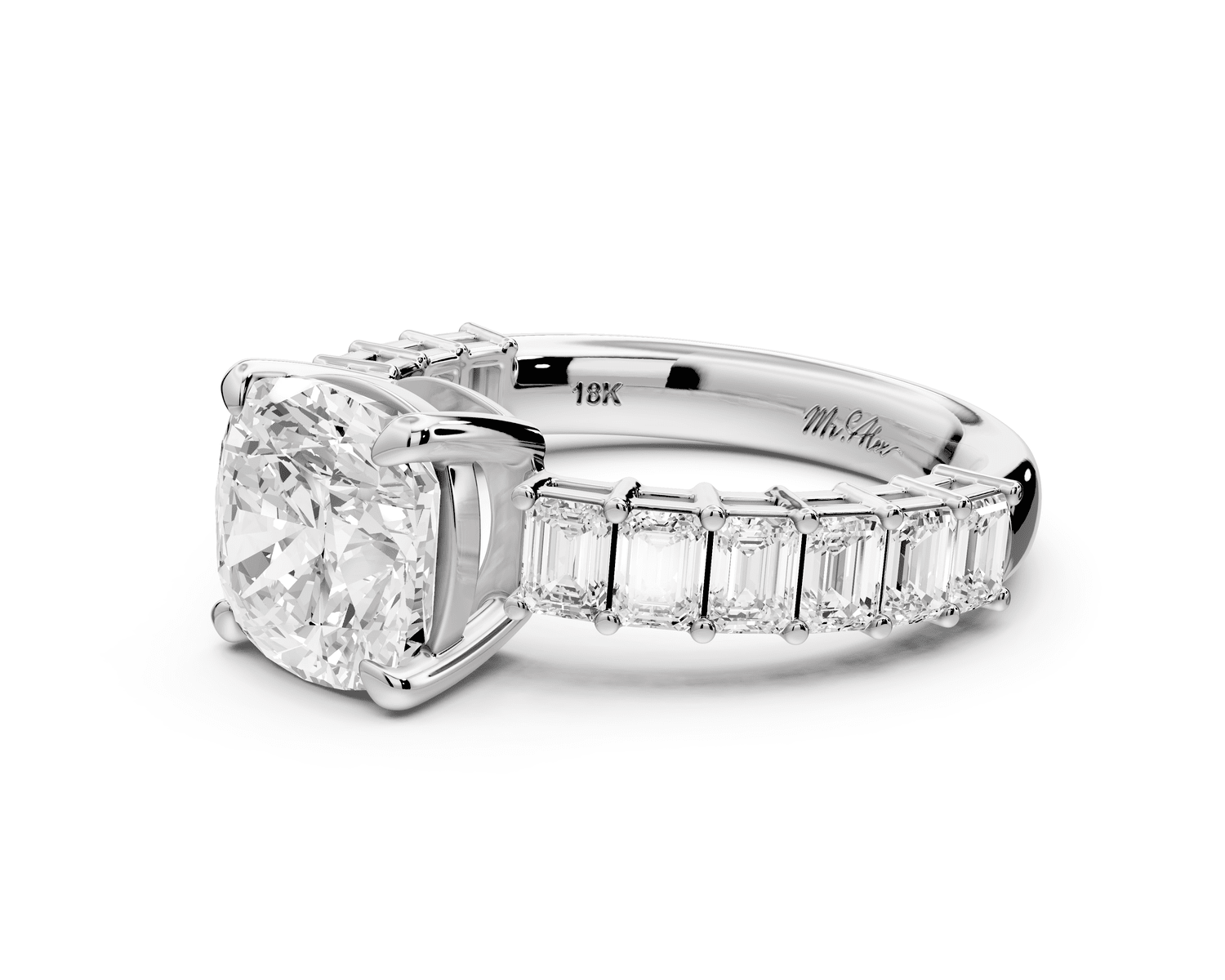 Violetta - 2ct platinum cushion diamond with emerald cut accent stones engagement ring - Mr. Alex Jewelry