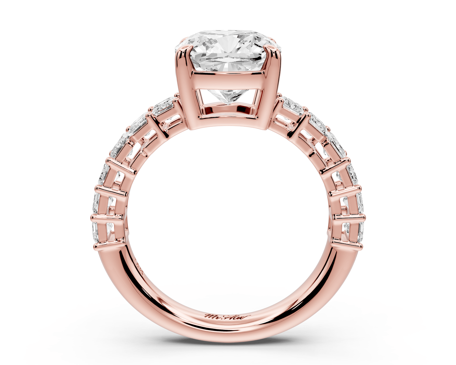 Violetta - 3ct 14k rose gold cushion diamond with emerald cut accent stones engagement ring - Mr. Alex Jewelry