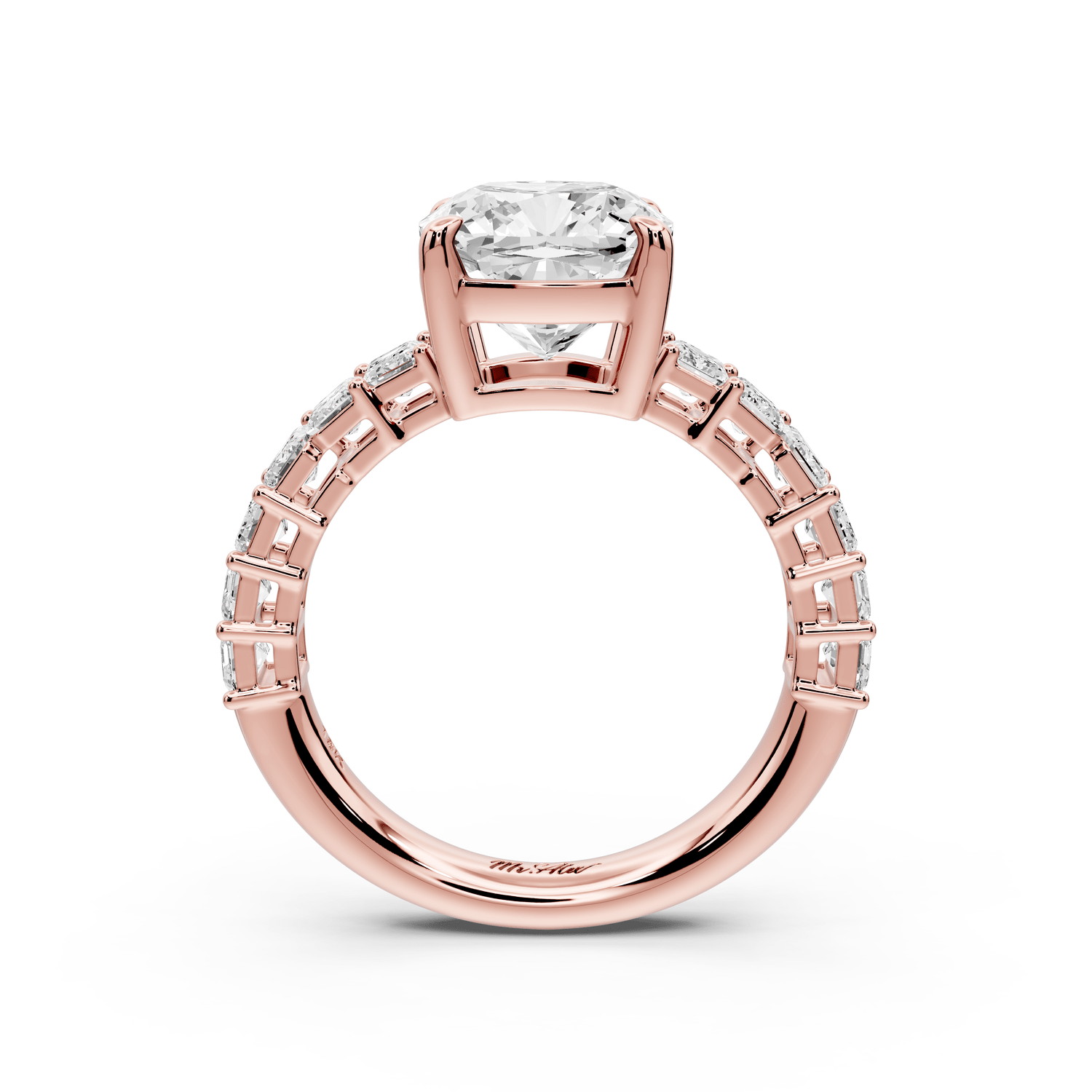 Violetta - 3ct 14k rose gold cushion diamond with emerald cut accent stones engagement ring - Mr. Alex Jewelry