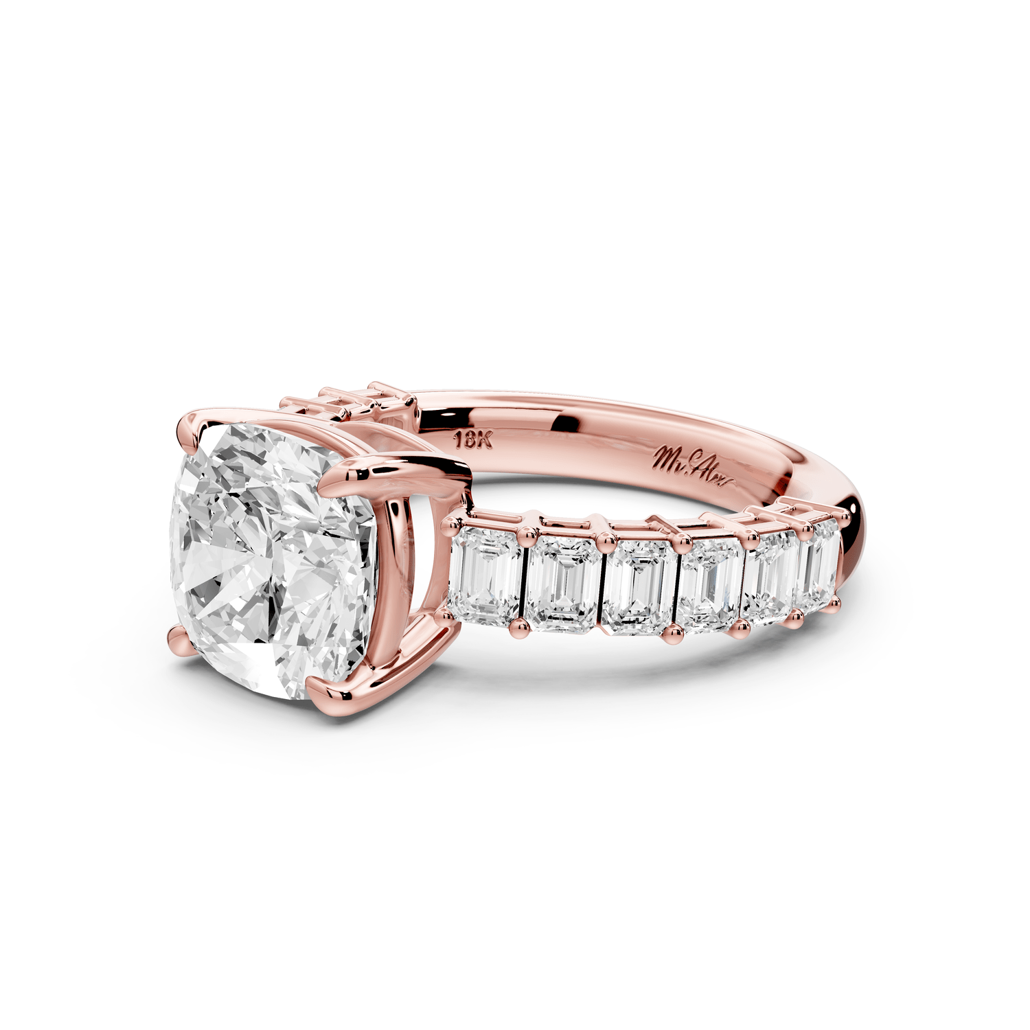Violetta - 3ct 14k rose gold cushion diamond with emerald cut accent stones engagement ring - Mr. Alex Jewelry