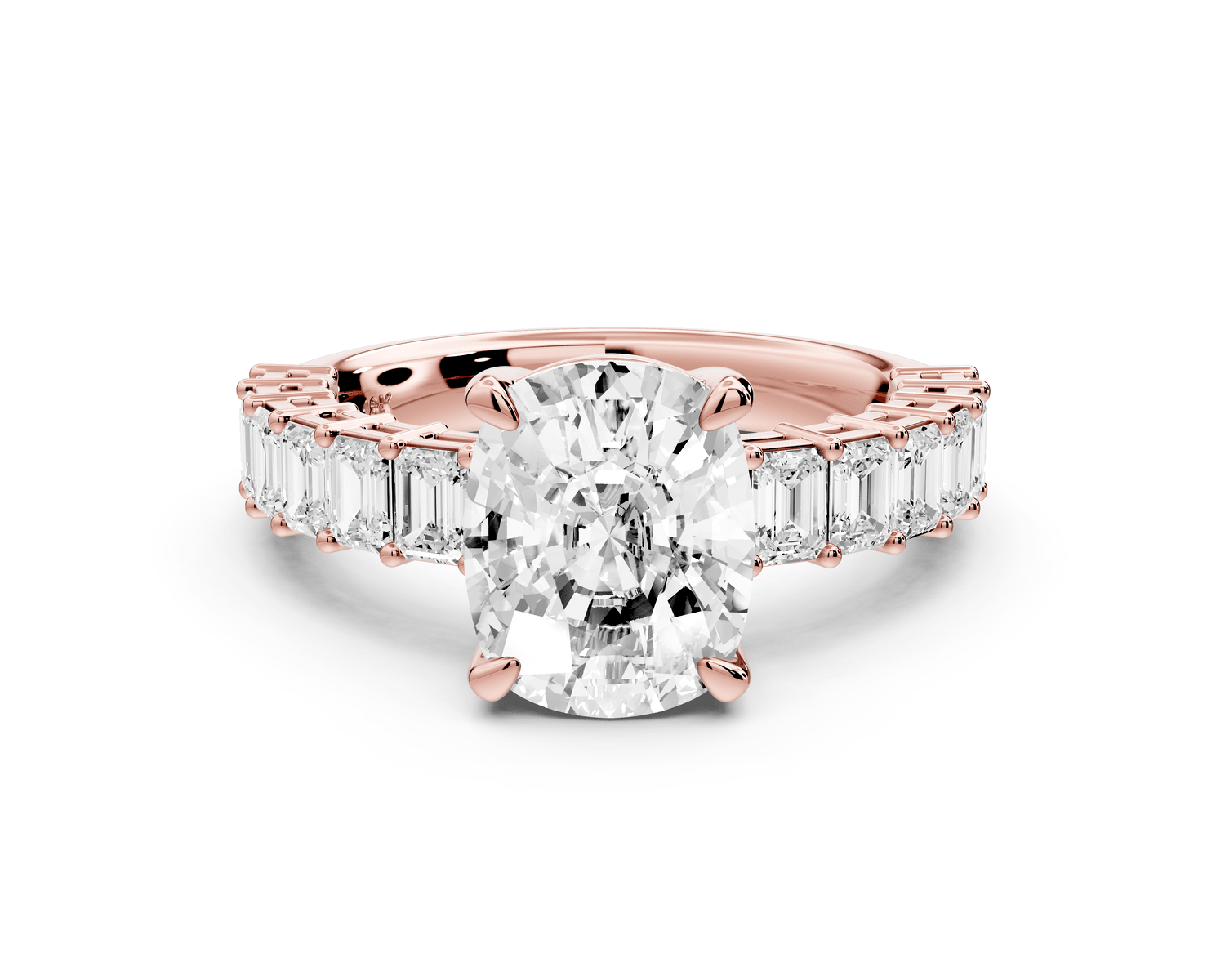 Violetta - 3ct 14k rose gold ecushion diamond with emerald cut accent stones engagement ring - Mr. Alex Jewelry