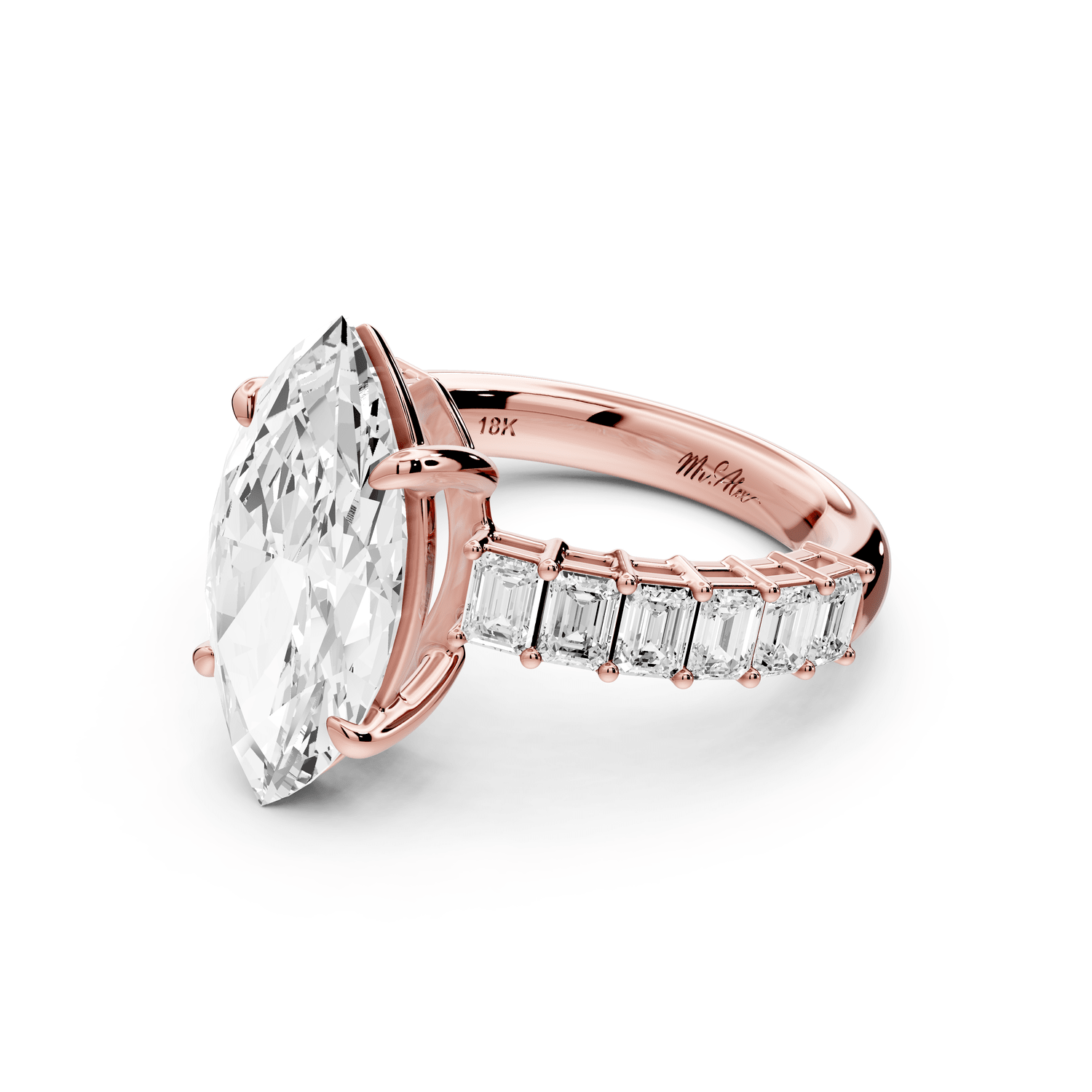 Violetta - 3ct 14k rose gold marquise diamond with emerald cut accent stones engagement ring - Mr. Alex Jewelry