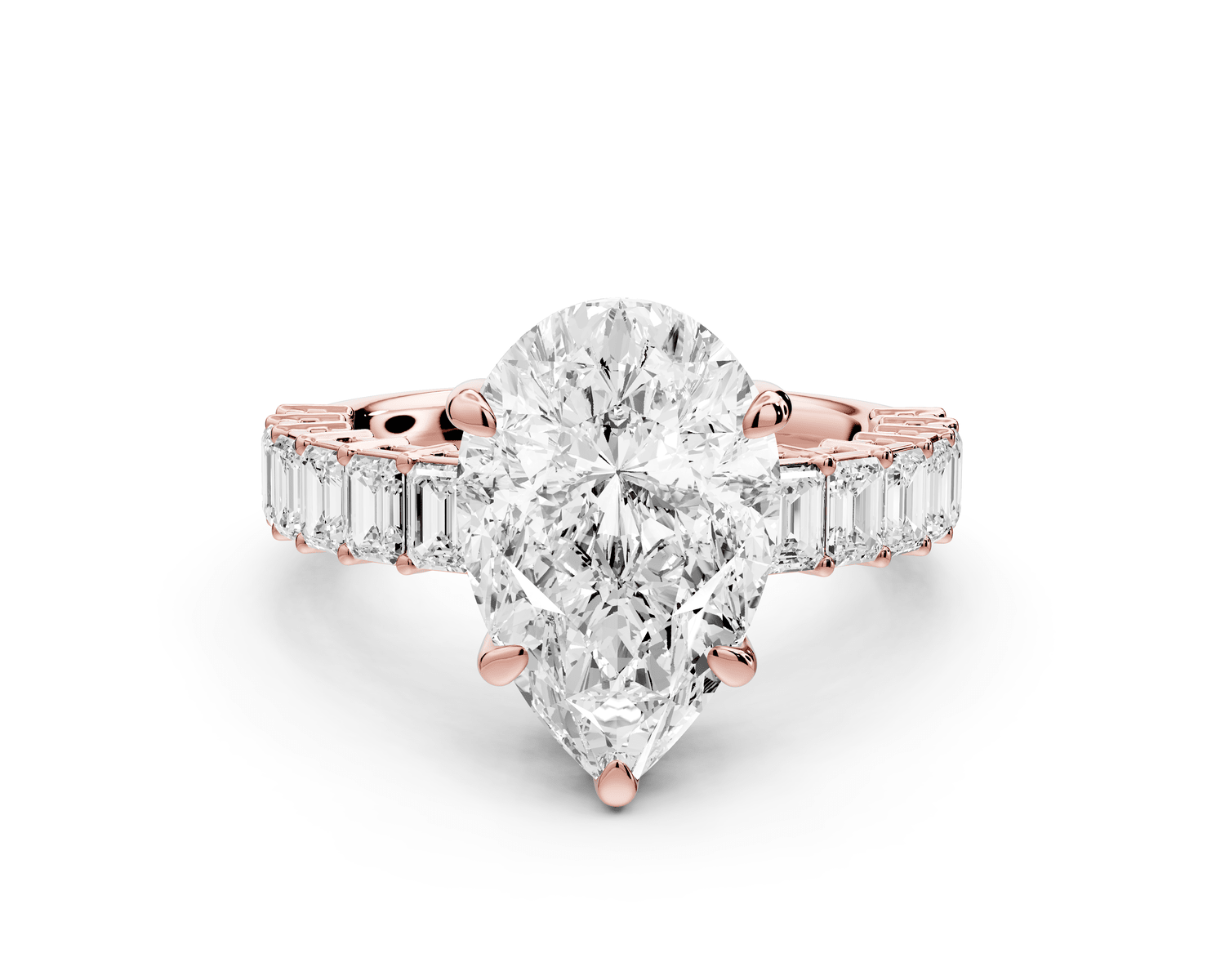 Violetta - 3ct 14k rose gold pear diamond with emerald cut accent stones engagament ring - Mr. Alex Jewelry