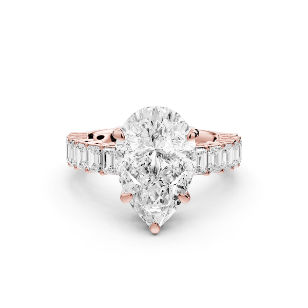 Violetta - 3ct 14k rose gold pear diamond with emerald cut accent stones engagament ring - Mr. Alex Jewelry