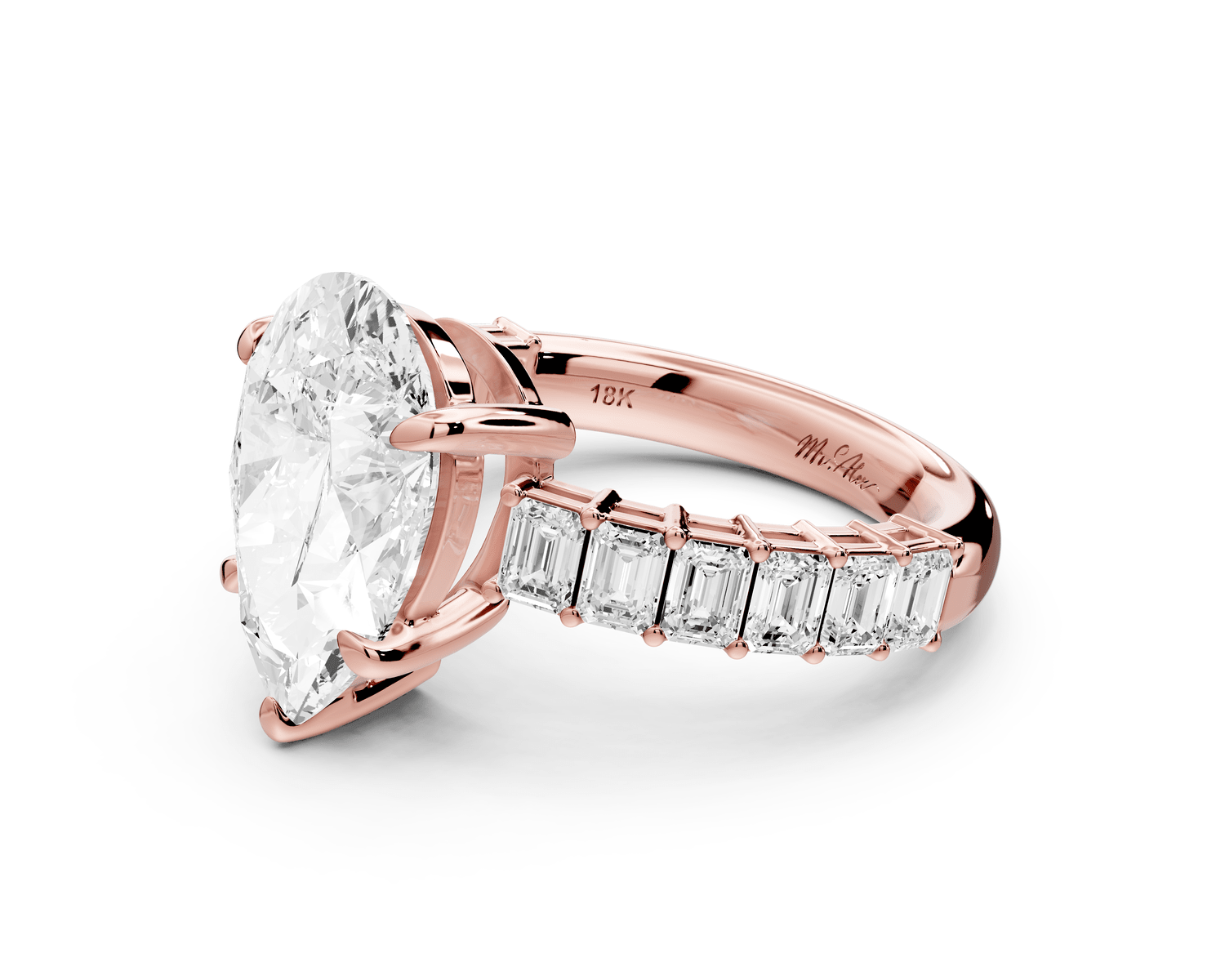 Violetta - 3ct 14k rose gold pear diamond with emerald cut accent stones engagament ring - Mr. Alex Jewelry