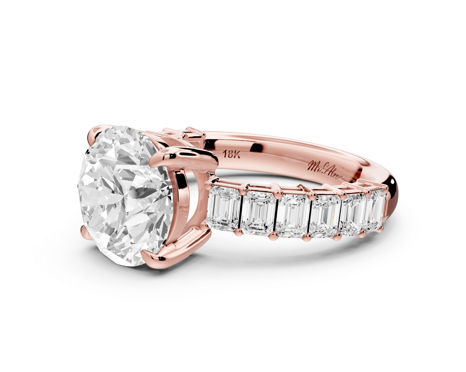 Violetta - 3ct 14k rose gold round diamond with emerald cut accent stones engagement ring - Mr. Alex Jewelry