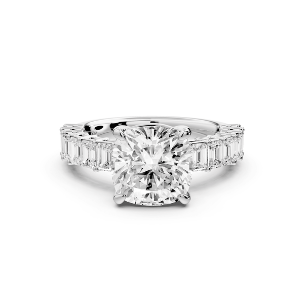 Violetta - 3ct 14k white gold cushion diamond with emerald cut accent stones engagement ring - Mr. Alex Jewelry