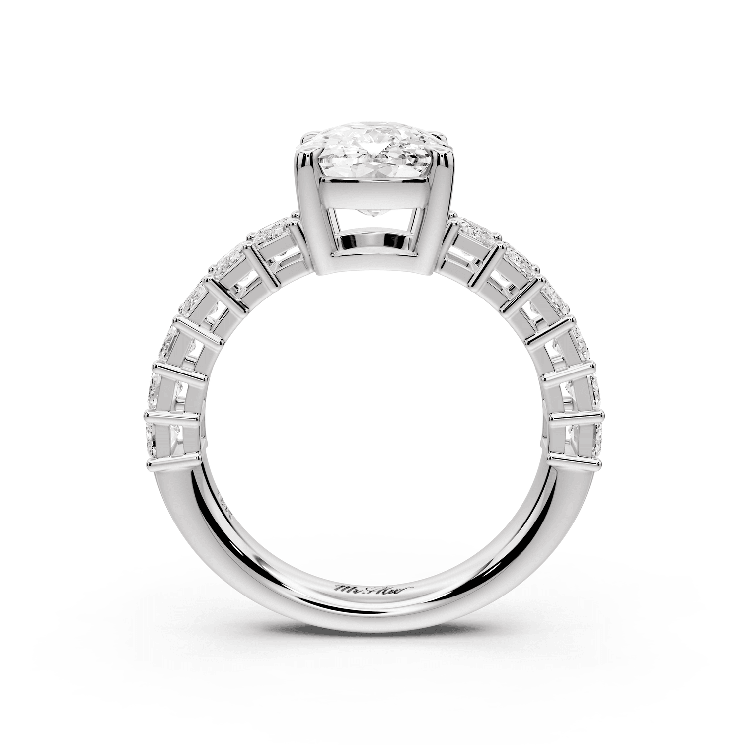 Violetta - 3ct 14k white gold ecushion diamond with emerald cut accent stones engagement ring - Mr. Alex Jewelry
