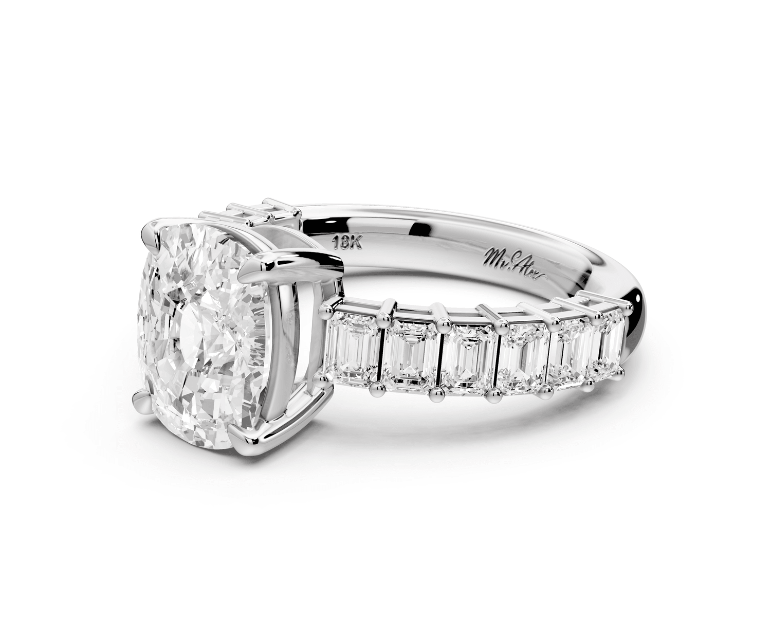 Violetta - 3ct 14k white gold ecushion diamond with emerald cut accent stones engagement ring - Mr. Alex Jewelry